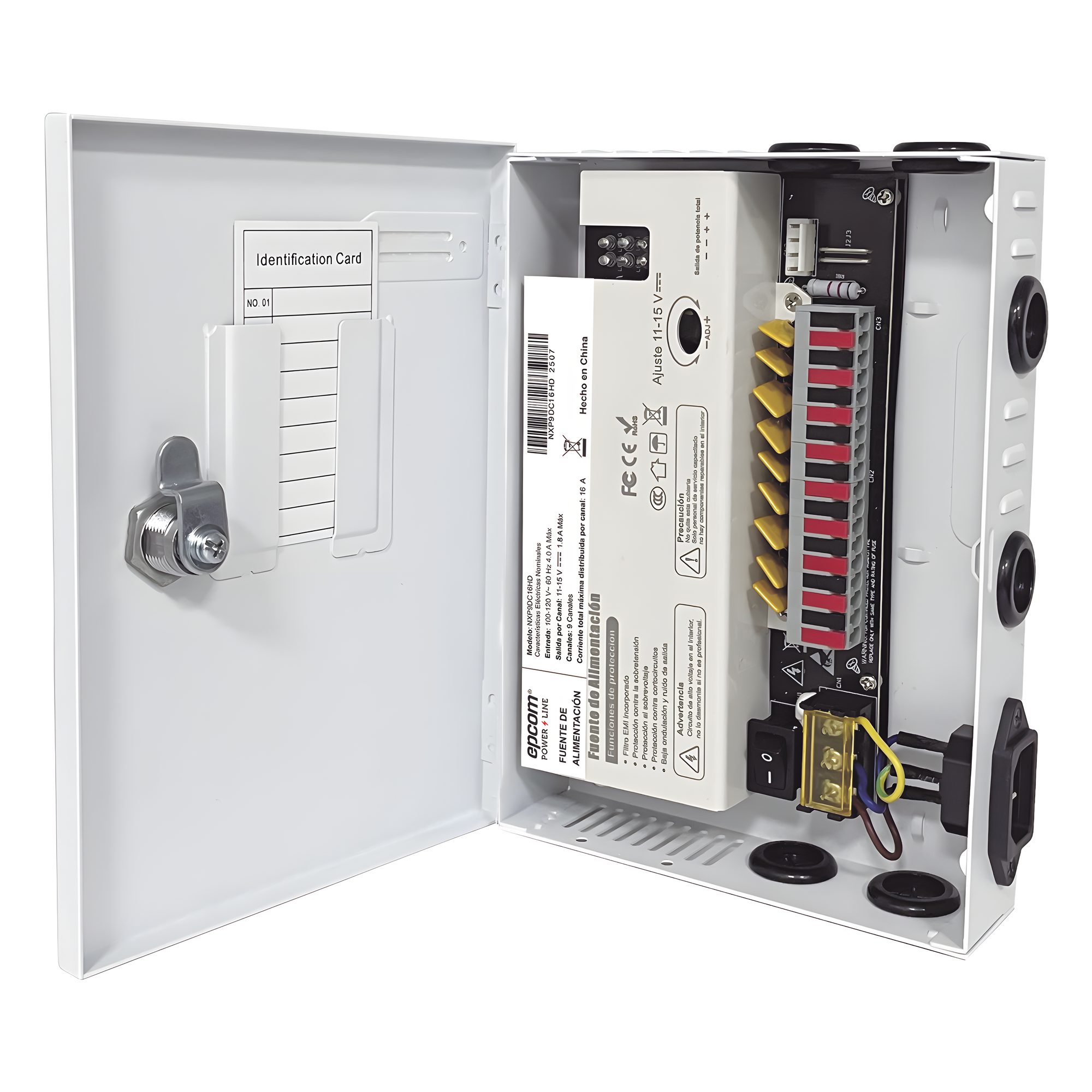 Fuente de Alimentación Profesional / 9 Canales / 16 A Total / 11-15 VCC Ajustable / 200 W / Filtro de Ruido por Canal — EPCOM POWERLINE · SKU NXP9DC16HD