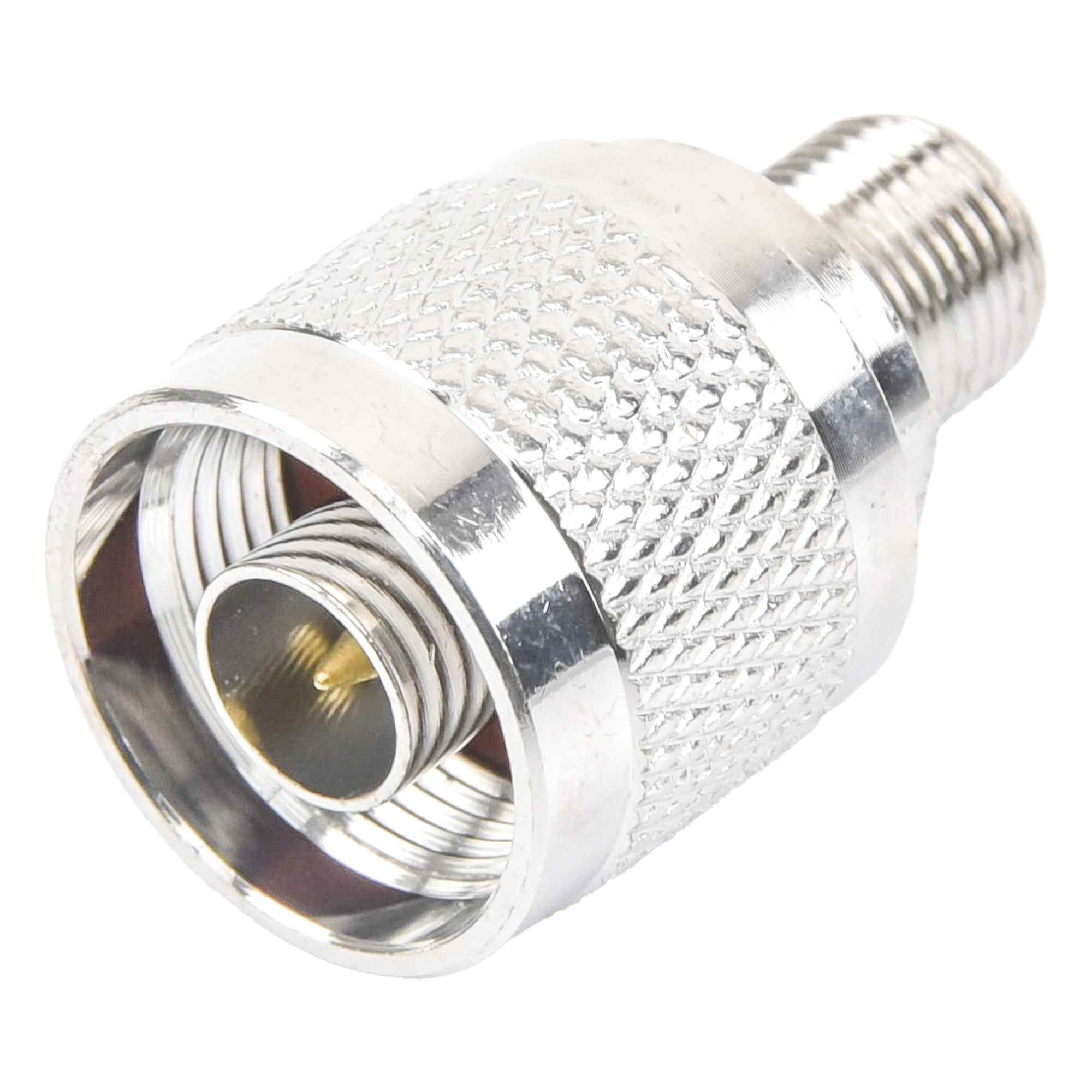 Adaptador Coaxial RF / N Macho a F Hembra / Montaje en Línea / Bronce Niquelado / Contacto Oro / Teflón / -20℃ a 80℃