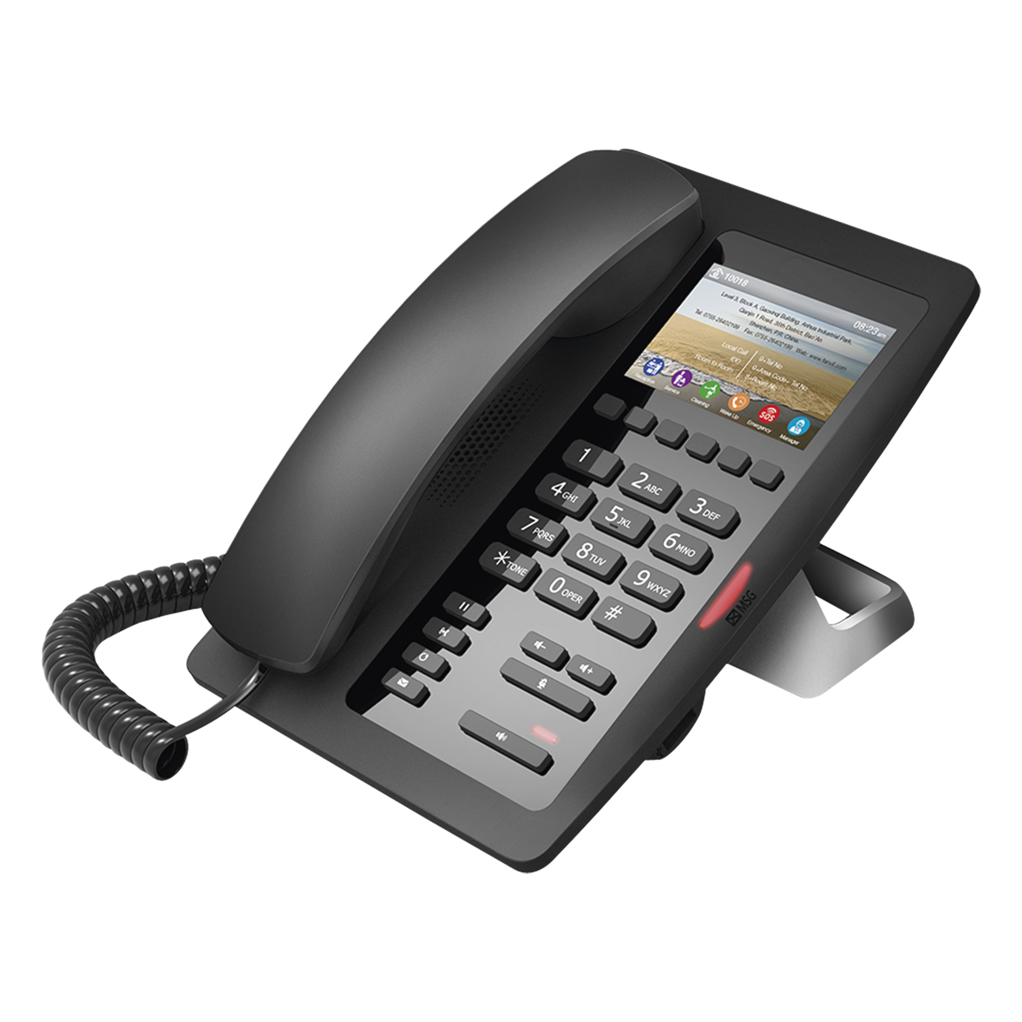 Teléfono IP Hotelero / Pantalla LCD Color 3.5" / 2 Líneas SIP / 6 Teclas Hotline / Puerto USB Carga / PoE 802.3af / Personalización Logo Hotel — FANVIL · SKU H5