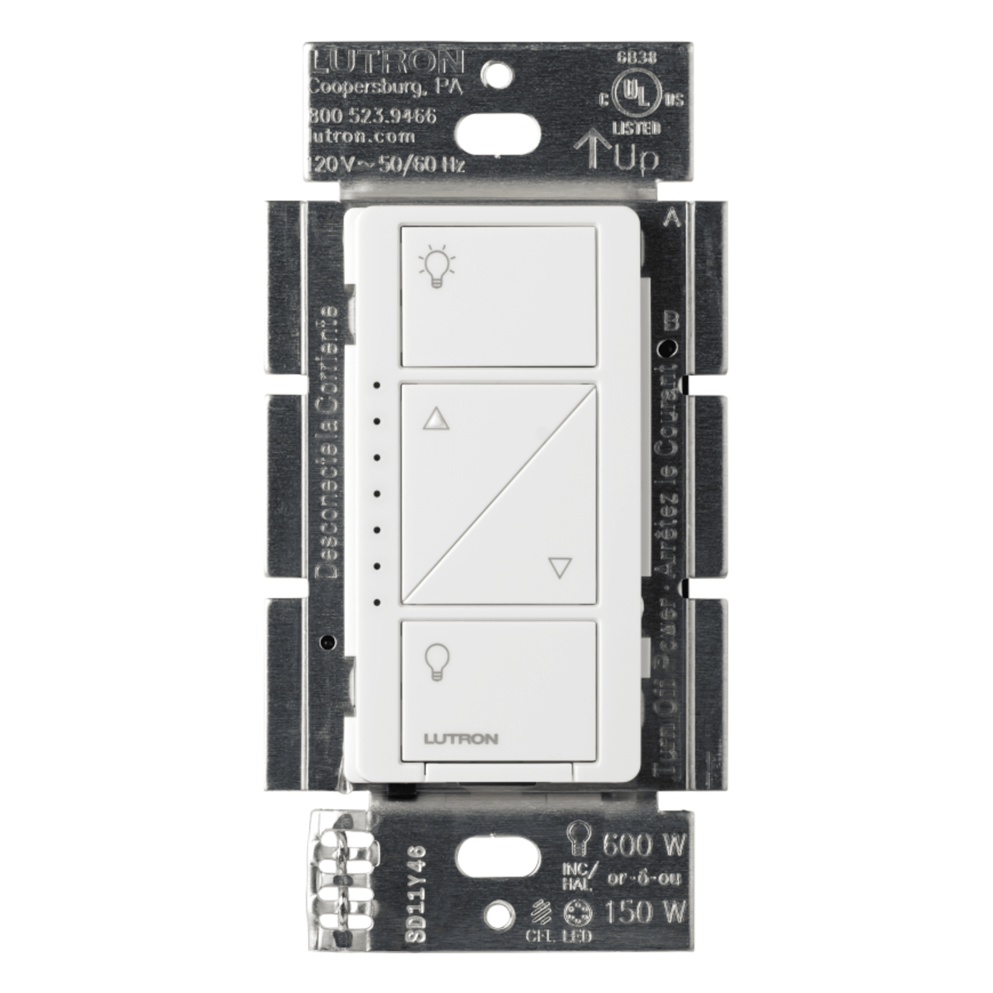 Atenuador de Pared Inteligente / 120 V / LED 250 W / Incandescente-Halógeno 1000 W / MLV 1000 VA / RF 9 m (29.5 ft) a 18 m (59.1 ft) / Neutro Opcional / Pico y Smart Bridge — LUTRON CASETA WIRELESS · SKU PD10NXD
