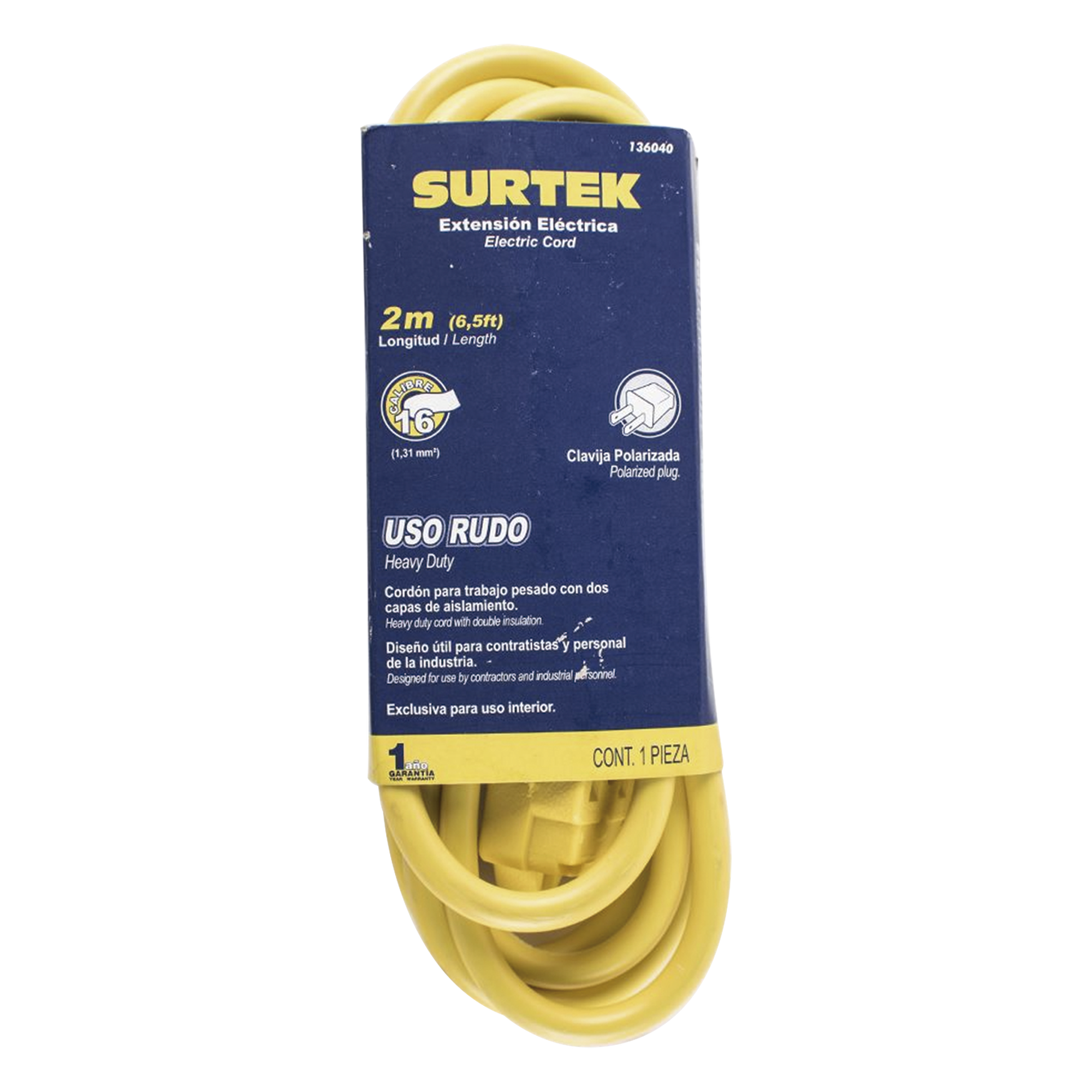 Extensión Eléctrica de Uso Rudo / Doble Aislamiento / 2 m (6.6 ft) / Calibre 16 AWG / 127 VCA 10 A / NEMA 1-15P — SURTEK · SKU SYS-136040