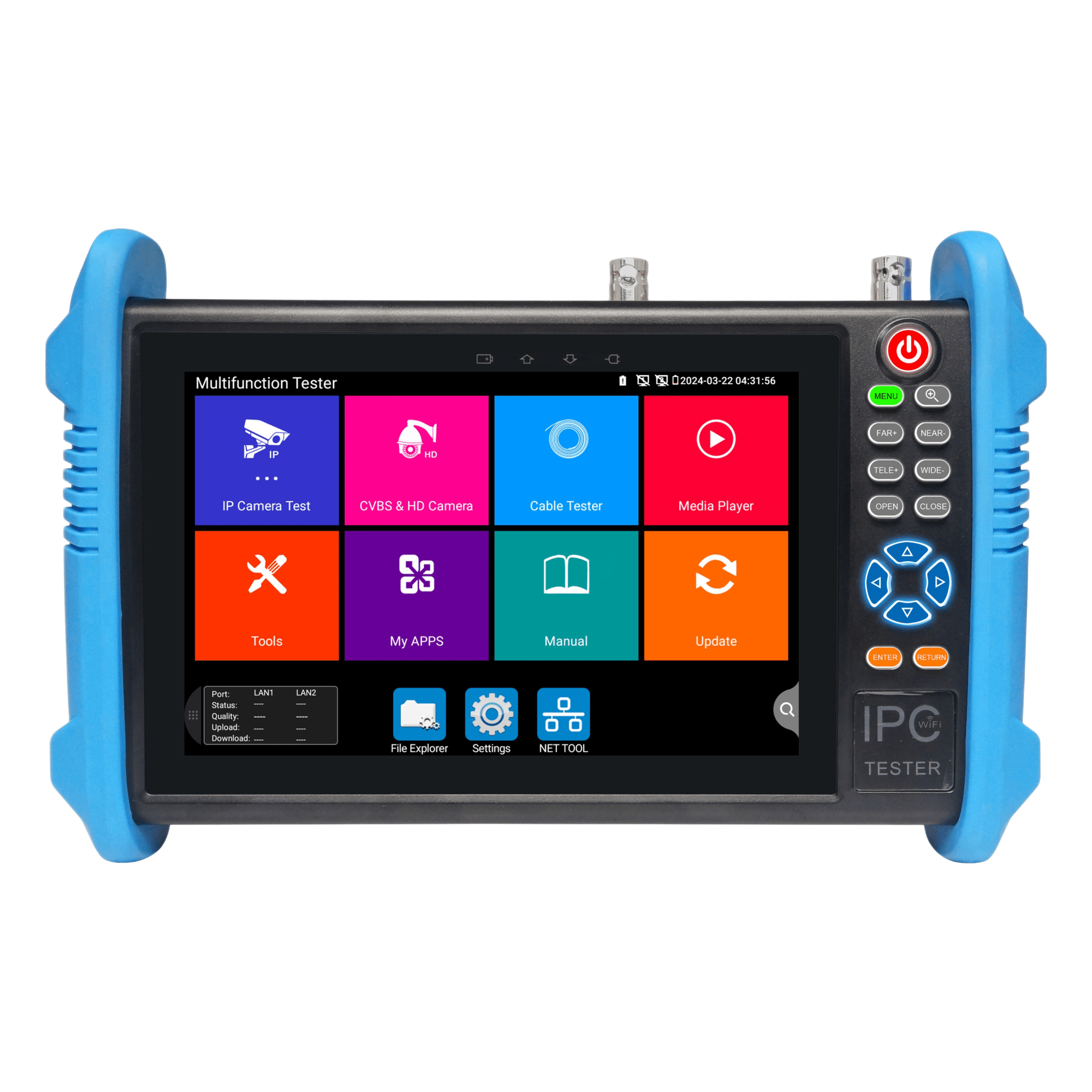 Tester de Video Profesional | Pantalla 7"|  Prueba IP/HD/Analógicas | TVI/CVI/AHD/CVBS | IP ONVIF | 4K/8K | H.264/H.265 | HDMI | PTZ | Scanner IP | TDR | Salidas 12V/24V/PoE | Activación Simultanea.