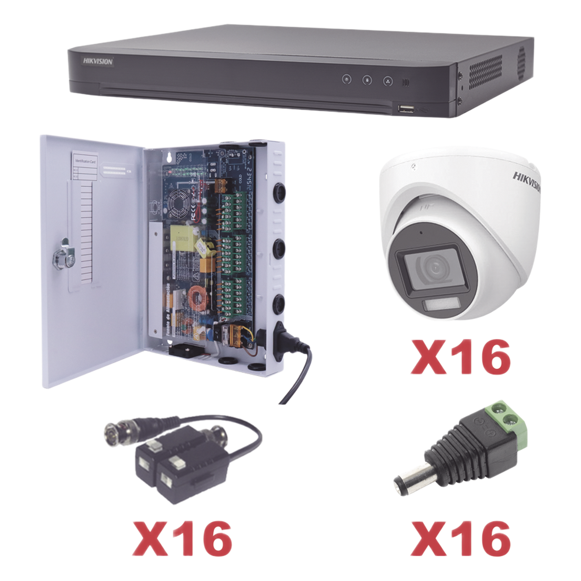Kit de Videovigilancia TurboHD / DVR 16 Canales / 16 Cámaras Turret 2 Megapixel / Audio Bidireccional por Coaxitron / IR 30 m (98.4 ft) / Lente 2.8 mm 106° / H.265+ — HIKVISION · SKU KH1080P16DW