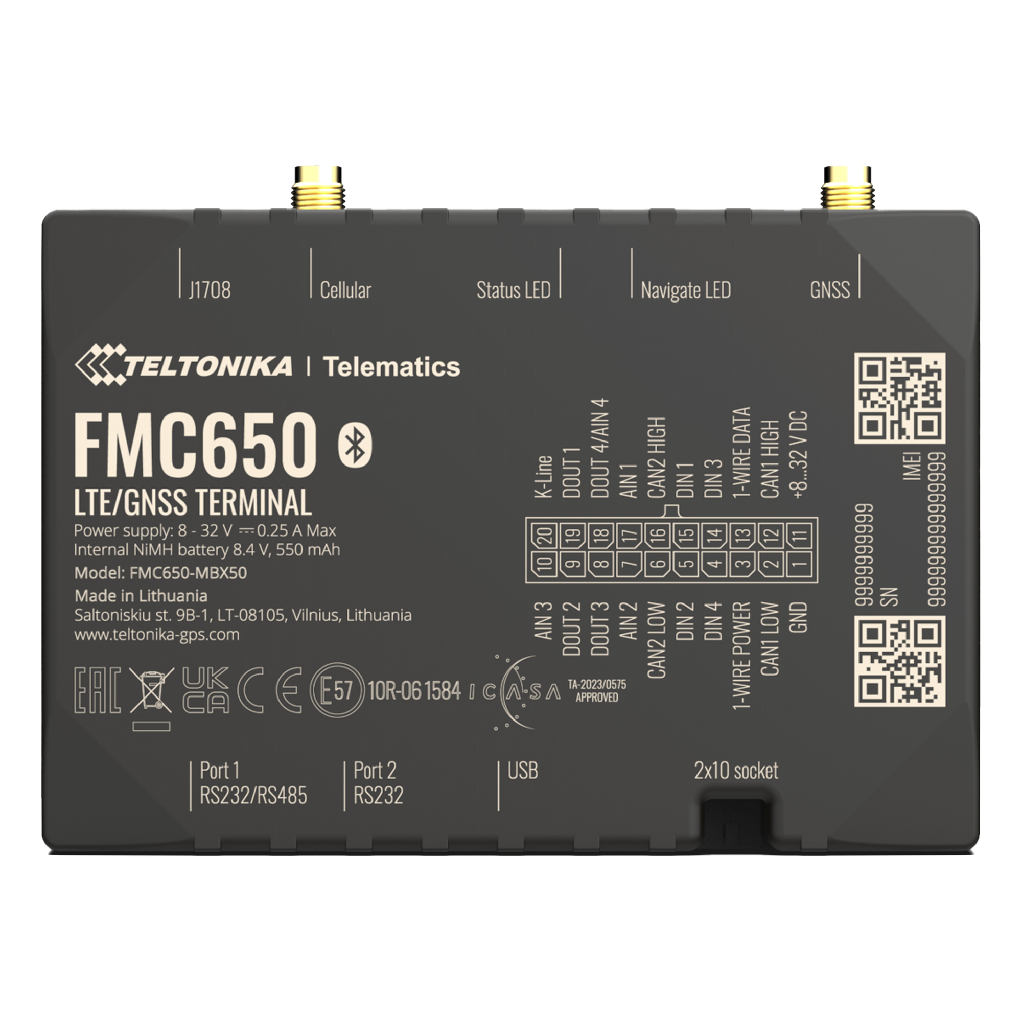 Rastreador Vehicular GPS / 4G LTE Cat 1 con 2G Fallback / Lectura CAN J1939/J1708 / Bluetooth / 4 Entradas/Salidas Digitales / Batería de Respaldo 550 mAh — TELTONIKA · SKU FMC650