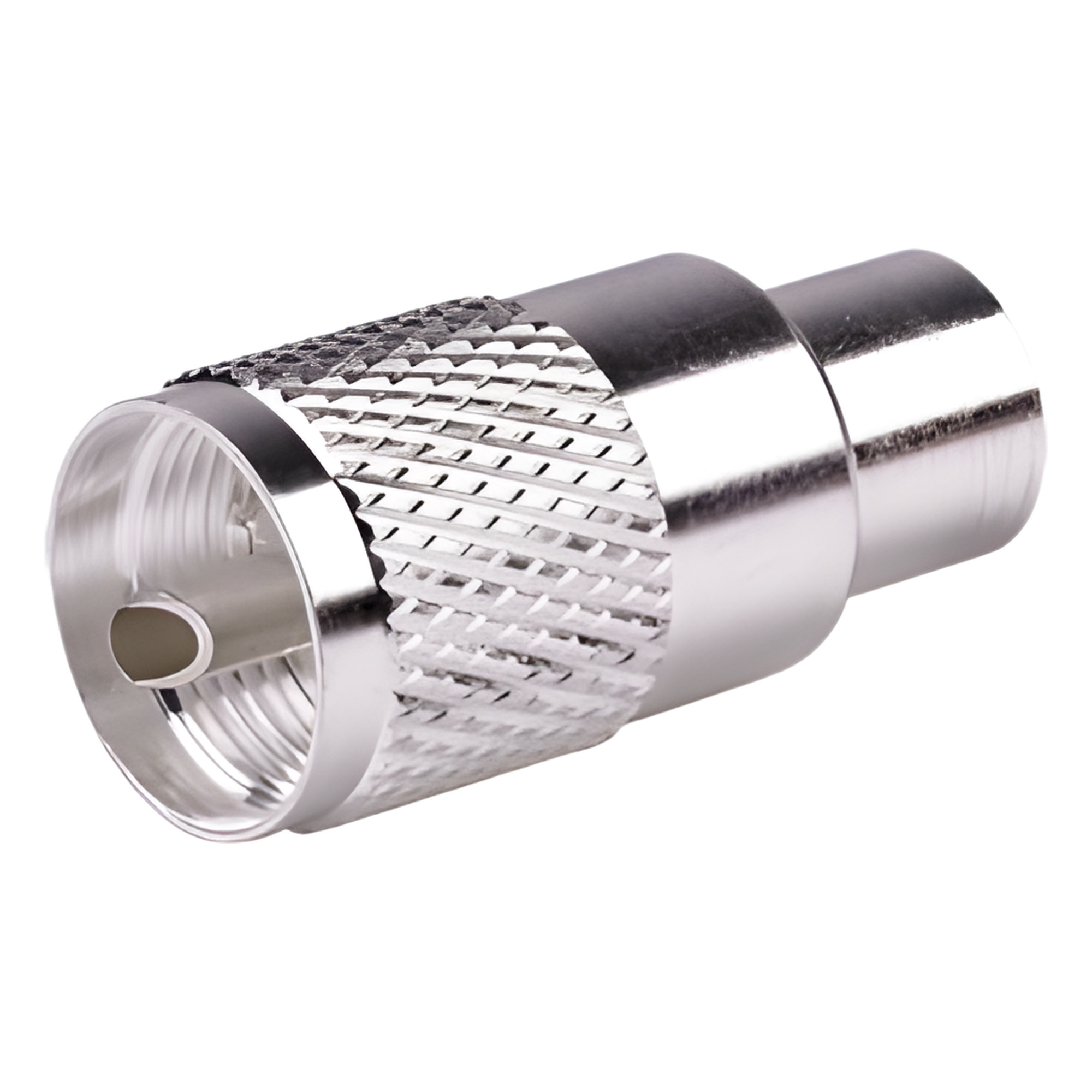 Conector Coaxial UHF Macho / PL-259 / Ensamble Roscado-Soldable / Para Cables RG-8/U, RG-213, RG-214, LMR-400, Belden 9913 / Cuerpo Bronce Plateado / Concha Níquelada — RF INDUSTRIES,LTD · SKU RFU-500