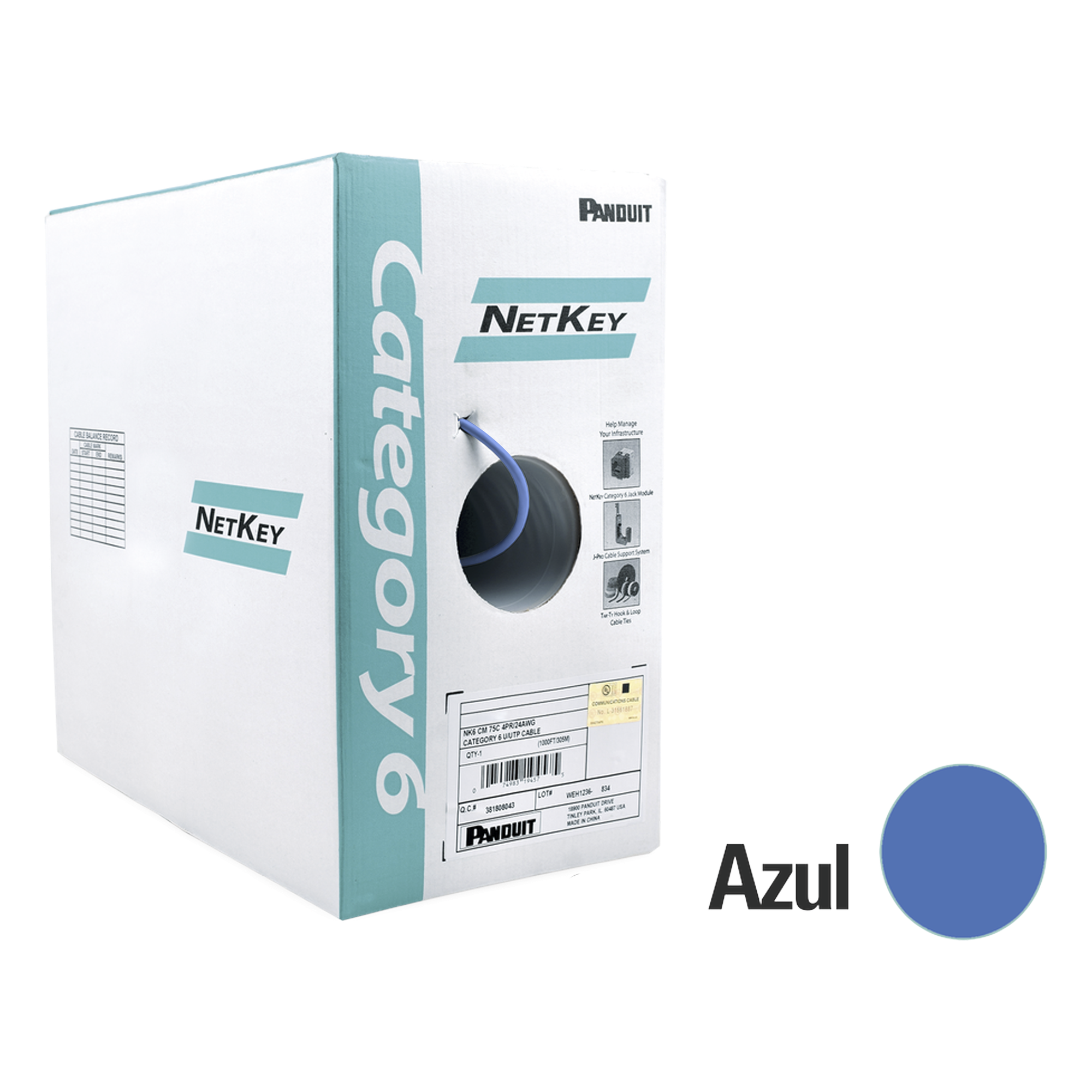 Bobina de Cable UTP / 305 m (1000 pies) / Categoría 6 / 24 AWG / Riser CMR / 4 Pares / Cobre / Azul — PANDUIT · SKU NUR6C04BU-C