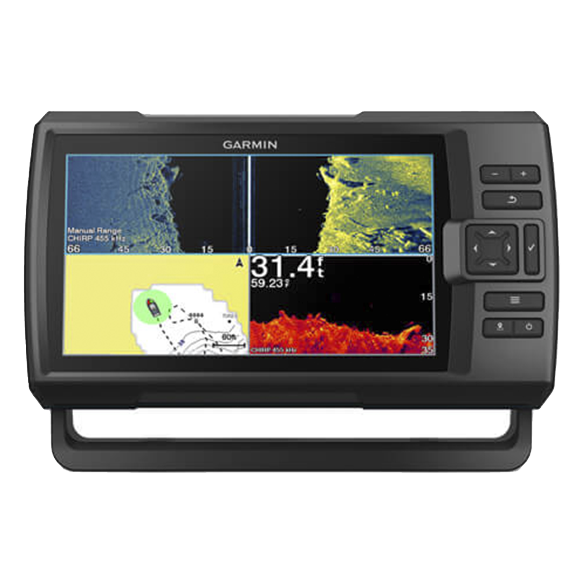 Ecosonda / Pantalla 9' / Transductor GT52HW-TM / CHIRP 50/77/200 kHz / ClearVü 260/455/800 kHz / IPX7 — GARMIN · SKU 10-02554-01