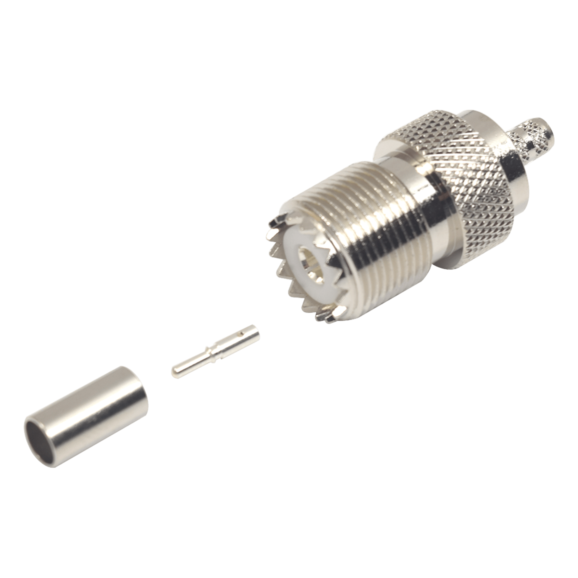 Conector UHF Hembra / SO-239 / Anillo Plegable / Cable RG-58/U y RG-142/U / Níquel y Plata / Delrin — RF INDUSTRIES,LTD · SKU RFU-527