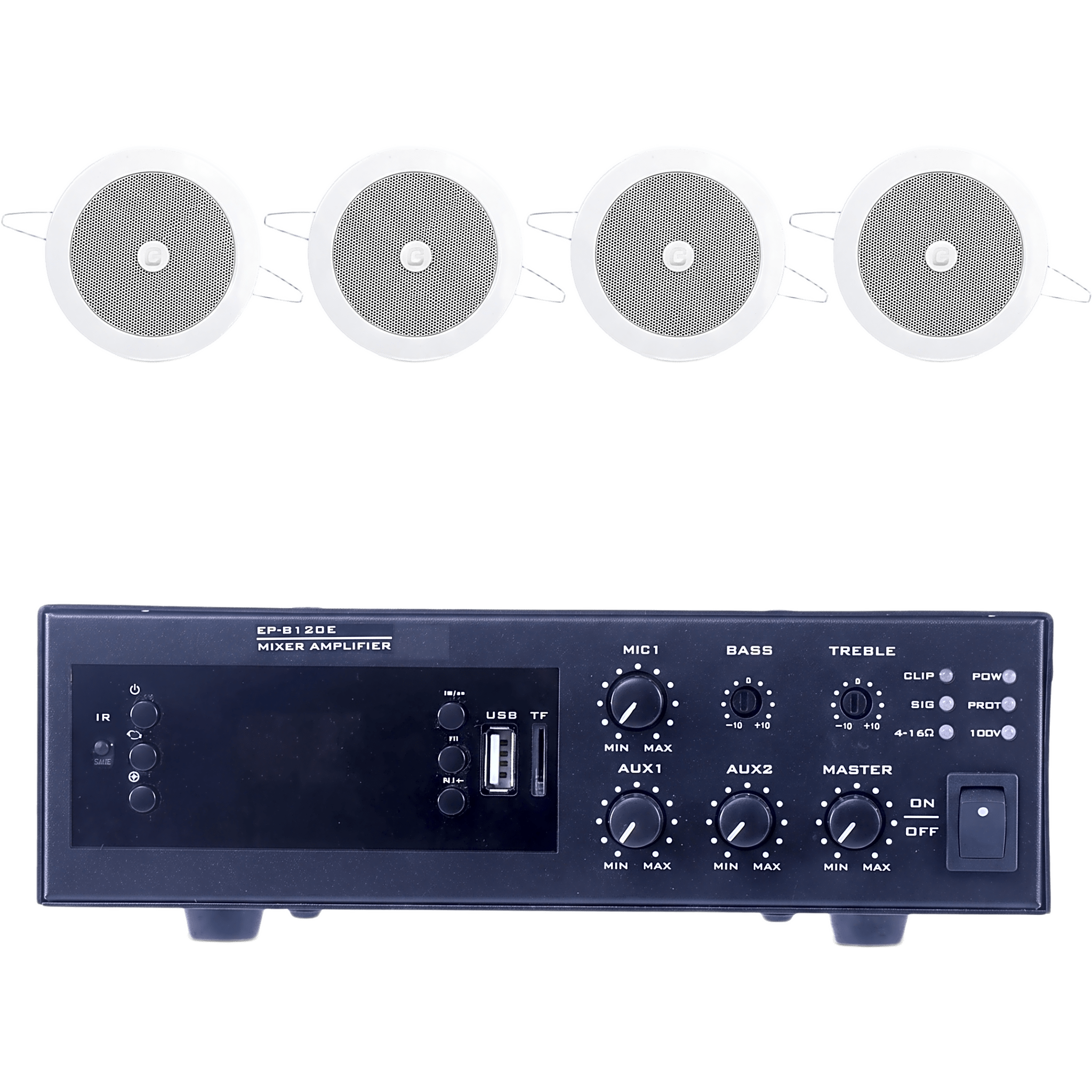 Kit de Sonido para Instalación / Amplificador 120W / 4 Altavoces de Plafón 4" / Sistema 70/100V / Bluetooth y FM — EPCOM PROAUDIO · SKU EPB120E/4CS
