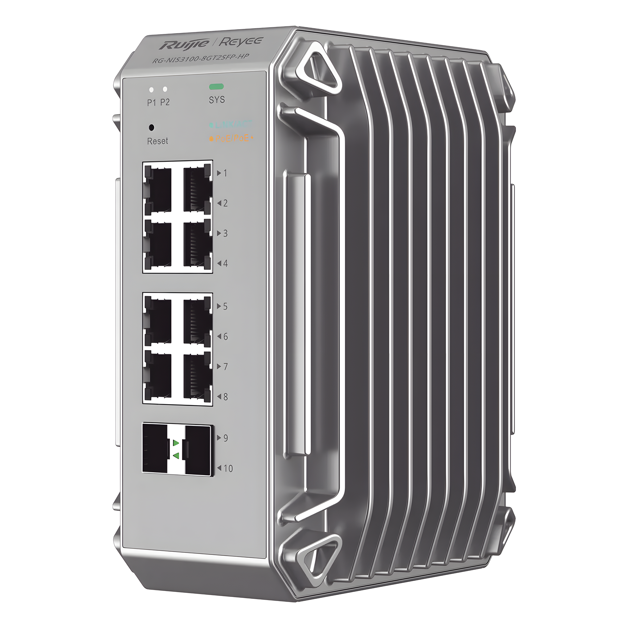 Switch Industrial PoE / 8 Puertos Gigabit 802.3af/at / 2 SFP 1Gb / -40°C a 75°C / IP40 / 125 W — RUIJIE · SKU RG-NIS3100-8GT2SFP-HP