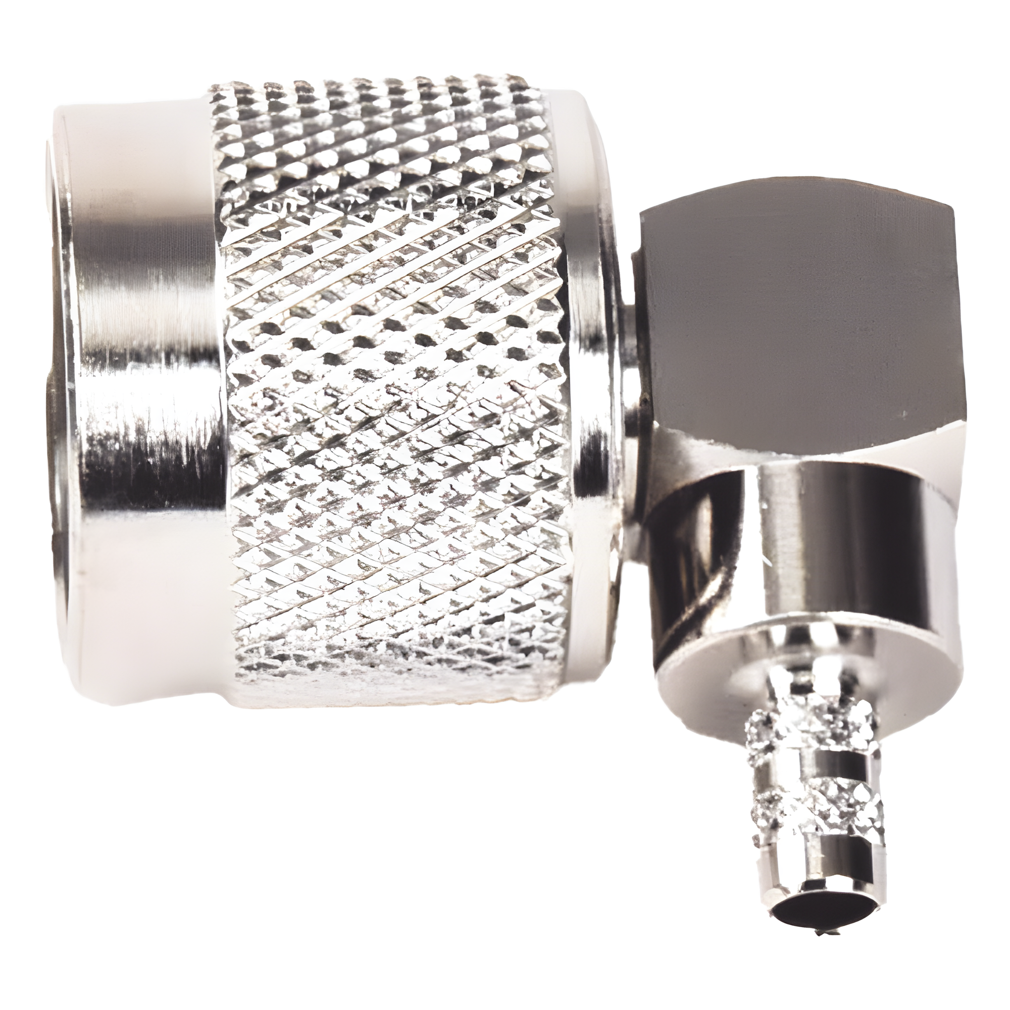 Conector Coaxial N Macho / Ángulo Recto / Anillo Plegable / Cables RG-58/U, RG-142/U, LP-195 / Níquel / Oro / Teflón