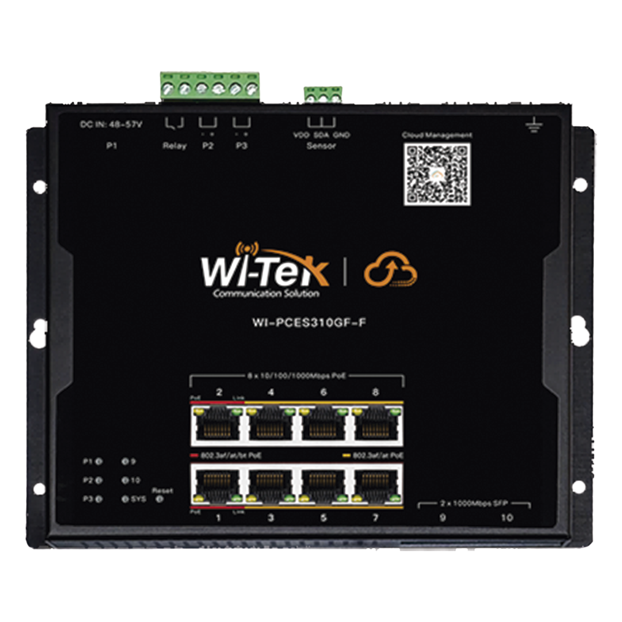 Switch PoE Industrial L2 / 8 Puertos Gigabit PoE / 2 SFP / PoE++ 90W / Presupuesto PoE 145 W / Administración Cloud / Sin Ventiladores / -40 a 75°C — WI-TEK · SKU WI-PCES310GF-F