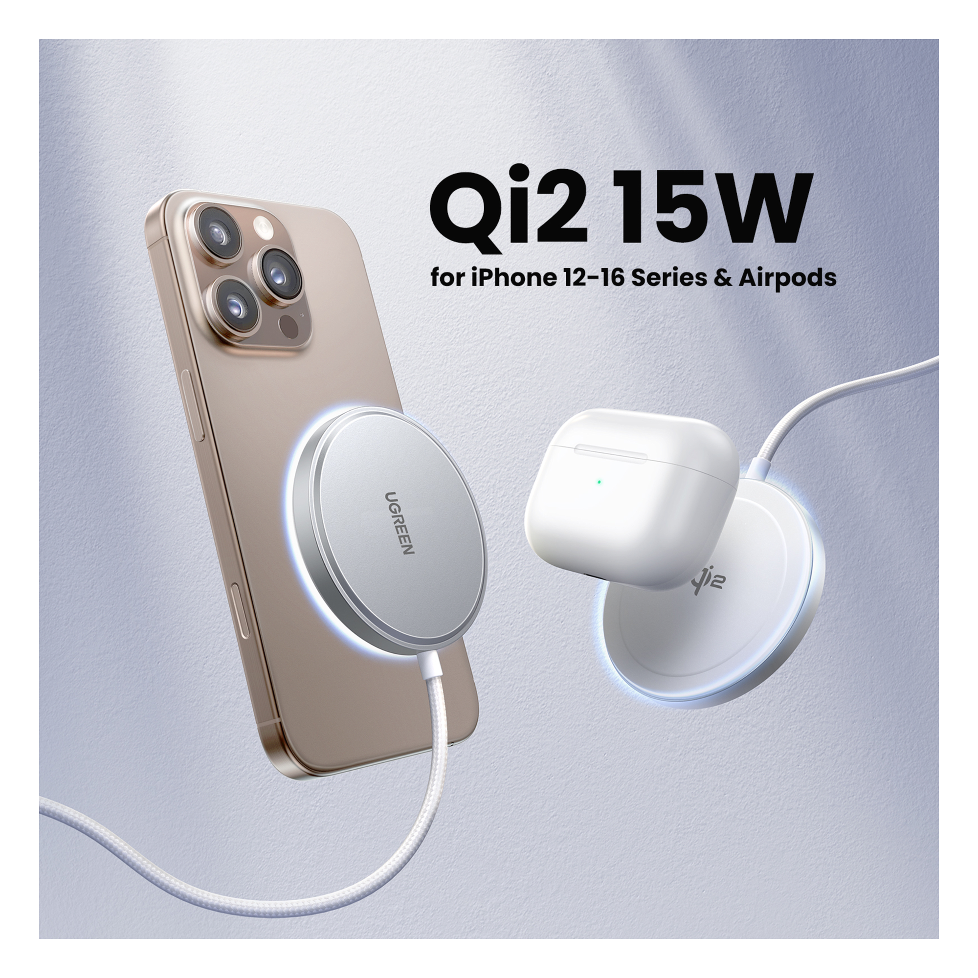 Cargador Inalámbrico Magnético / 15W / Qi 2 Certificado / USB-C 9V 2.2A / Eficiencia 83% / Cable 1.5 m (4.9 ft) / Material PC+ABS+Aluminio