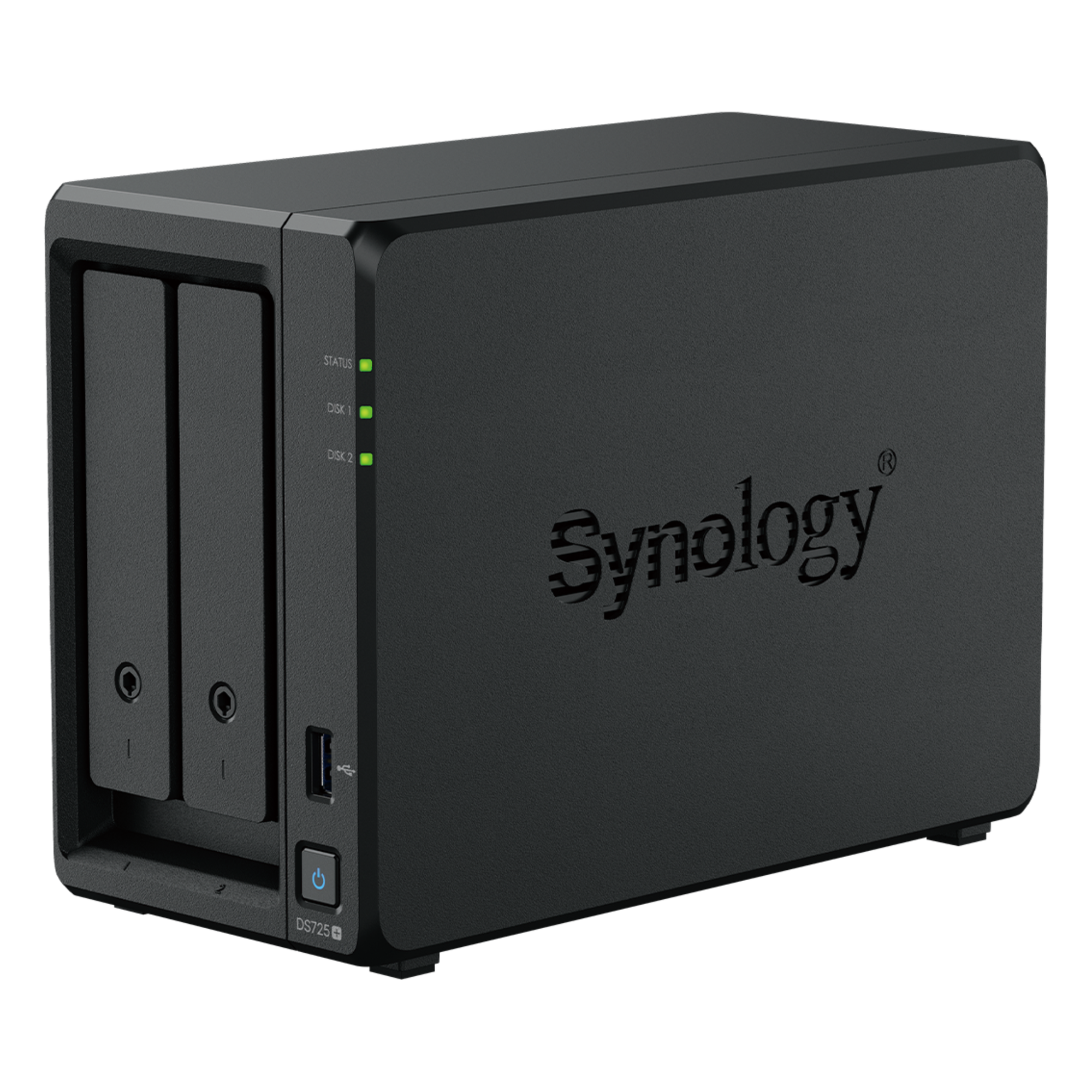 NAS de 2 Bahías / Expansible a 7 Unidades / Puerto 2.5GbE / 2 Ranuras M.2 NVMe / 276 MB/s Lectura / 224 MB/s Escritura / Procesador AMD Ryzen R1600 / 4 GB DDR4 ECC — SYNOLOGY · SKU DS725+