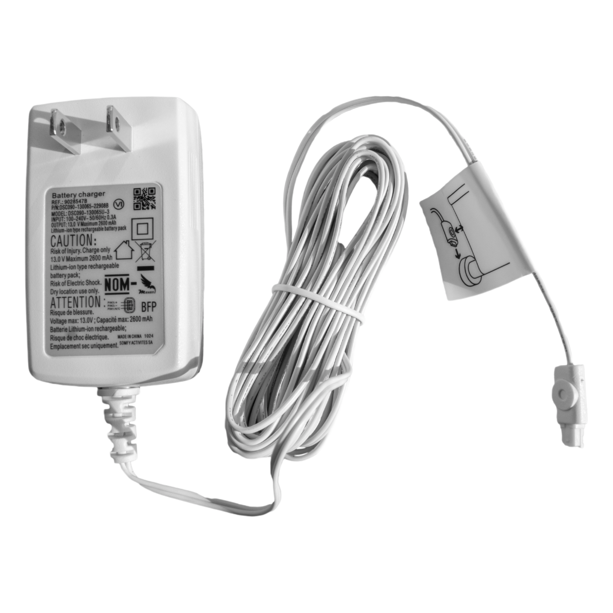 Cargador para motores inalámbricos / Entrada 100-240V / Salida 13.3VDC 650mA / Cable 180cm (5.9ft) — SOMFY · SKU 9028547A