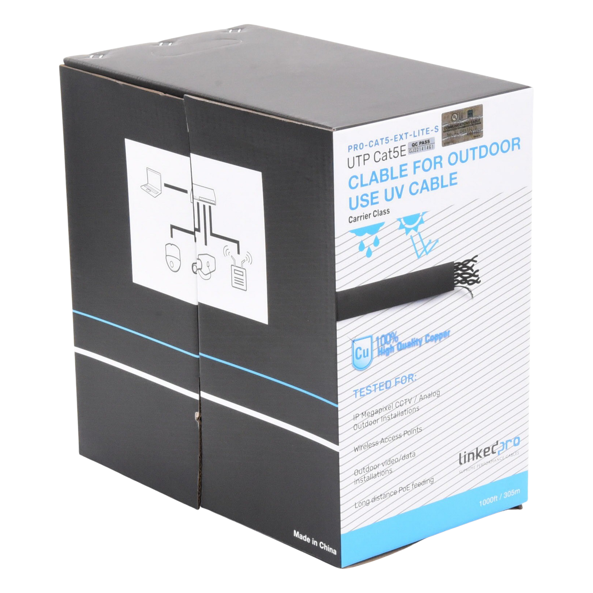 Bobina de Cable / Cat5e / UTP / 24 AWG / 305 m (1000 ft) / Exterior CMX / UV / Negro