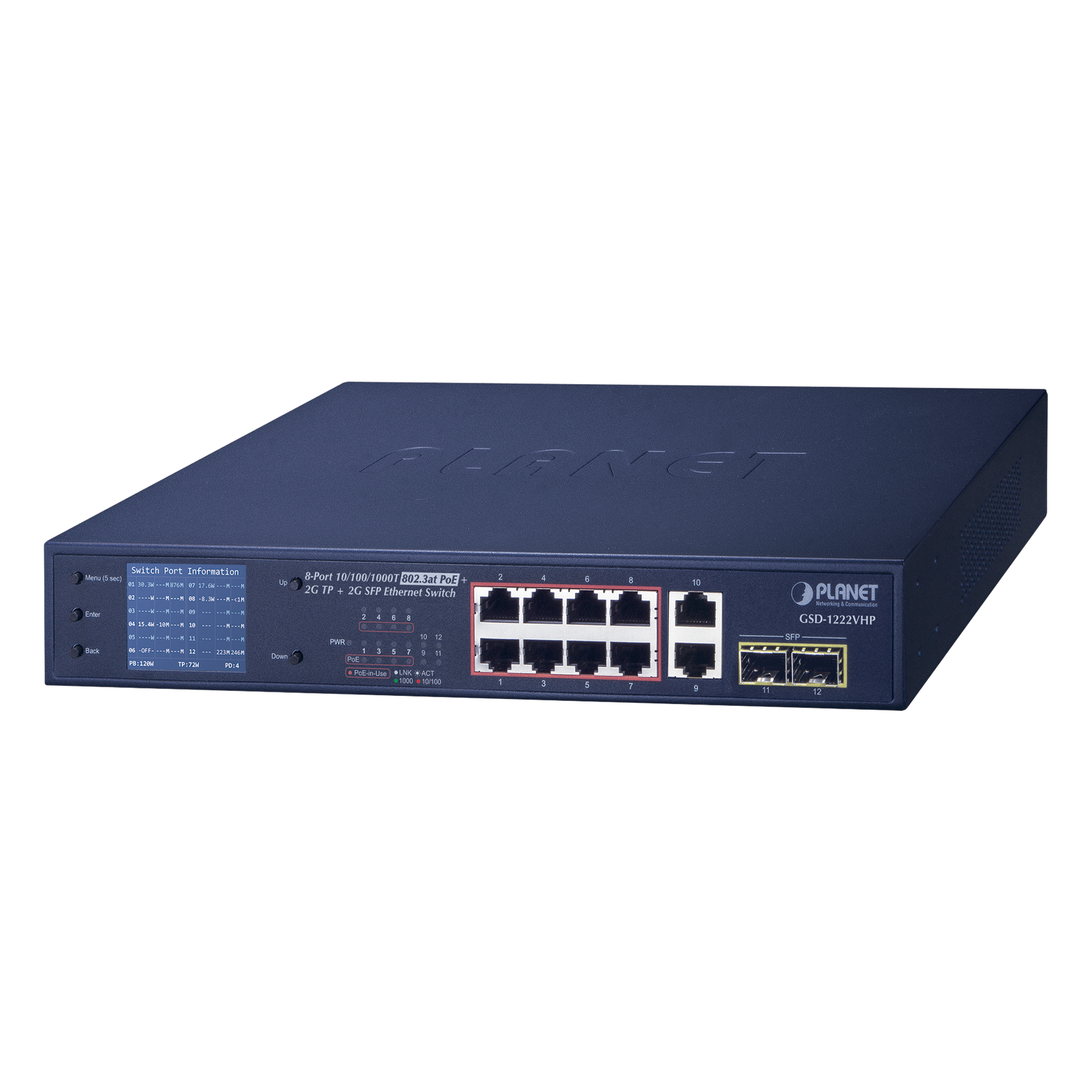 Switch PoE No Administrable / 8 Puertos Gigabit RJ45 / 2 Uplink Gigabit / 2 SFP / PoE 802.3af/at 32W / Presupuesto 120W / Extender 250 m (820 ft) / Pantalla LCD — PLANET · SKU GSD-1222VHP
