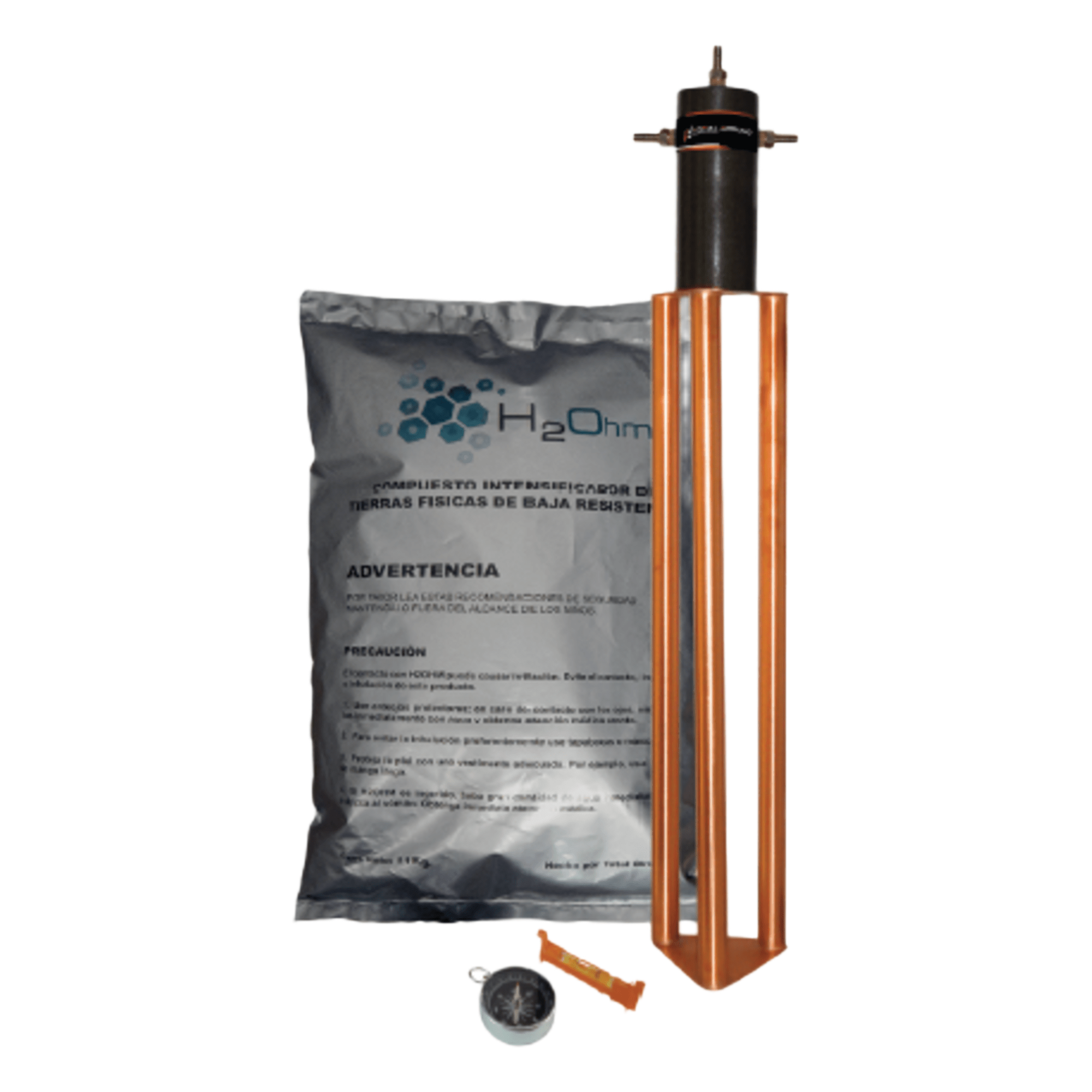 Electrodo de Puesta a Tierra / 30 A / Resistencia < 2 Ω / Filtro LCR / Compuesto H2Ohm / Brújula y Nivel Integrados — TOTAL GROUND · SKU TG-30AB