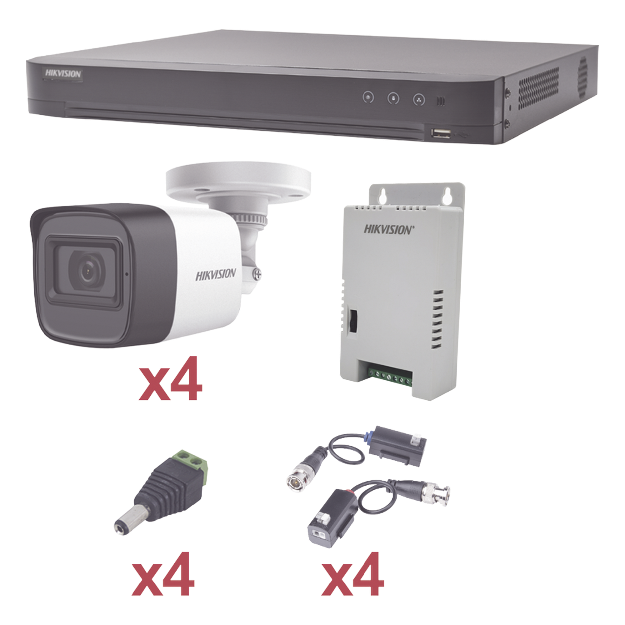 Kit de Videovigilancia TurboHD / DVR 4 Canales Pentahíbrido / 4 Cámaras Bala 1080p / Lente 2.8 mm / IR 20 m (65.6 ft) / Fuente Triple Voltaje — HIKVISION · SKU KH1080P4BW