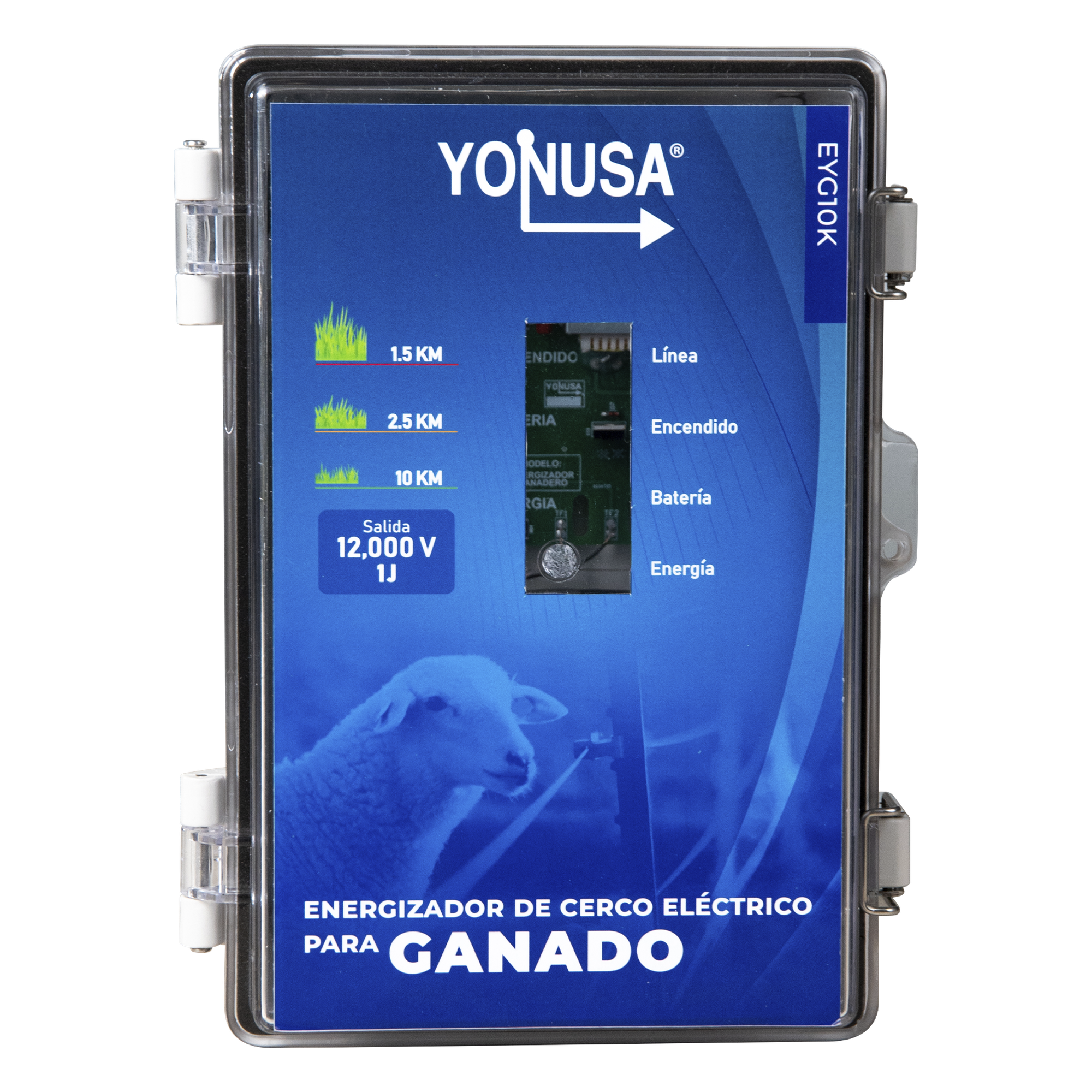 Energizador para Cercas Electrificadas / 10,000 V / 2 Joules / 25 km (82,020 ft) / Alimentación Solar 12 V / Batería Respaldo 3 Días — YONUSA · SKU SYSGAN25K