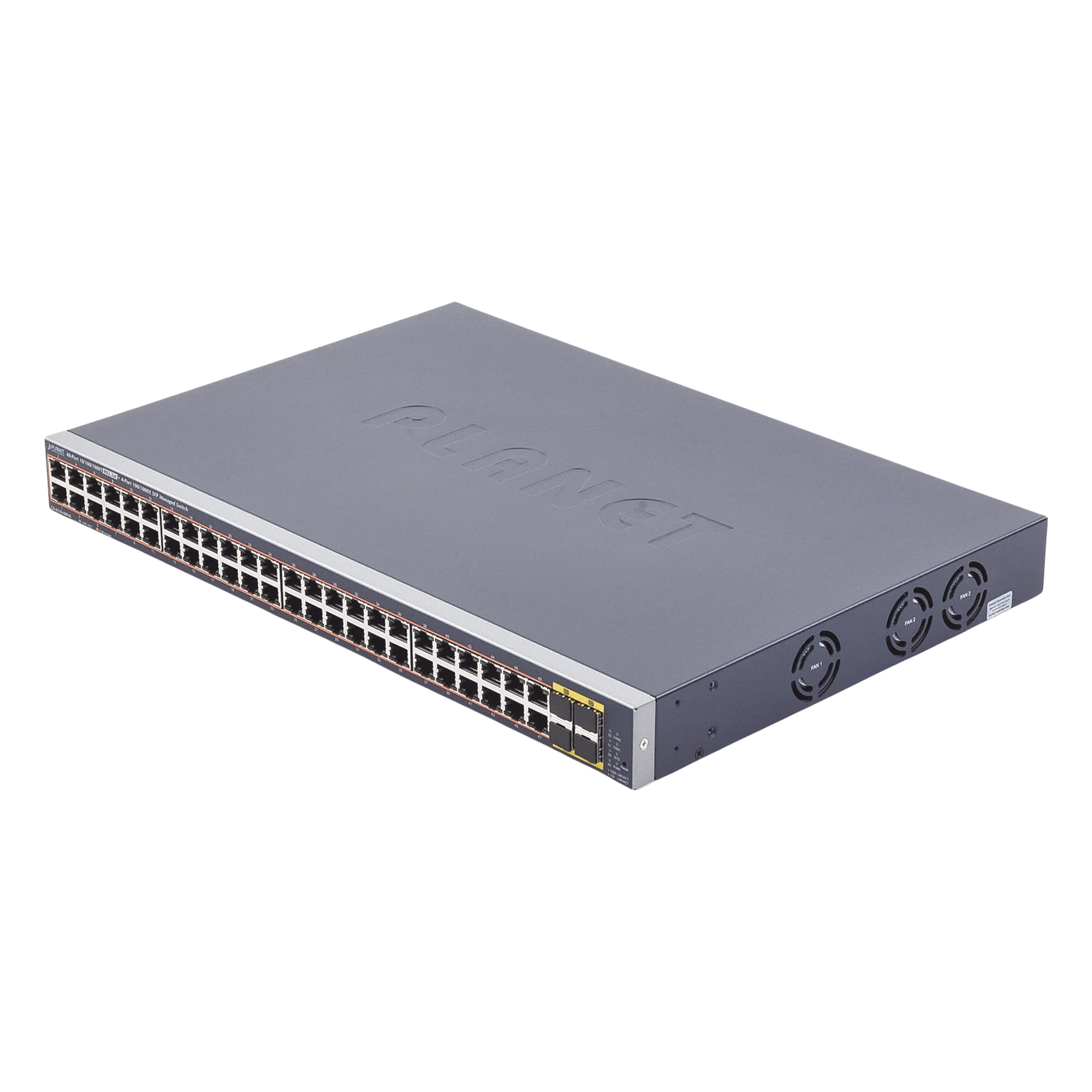 Switch Administrable PoE / 48 Puertos Gigabit RJ45 / 4 Puertos SFP / 440W PoE / 104 Gbps / 1.44 ft (0.44 m) Profundidad — PLANET · SKU GS-4210-48P4S