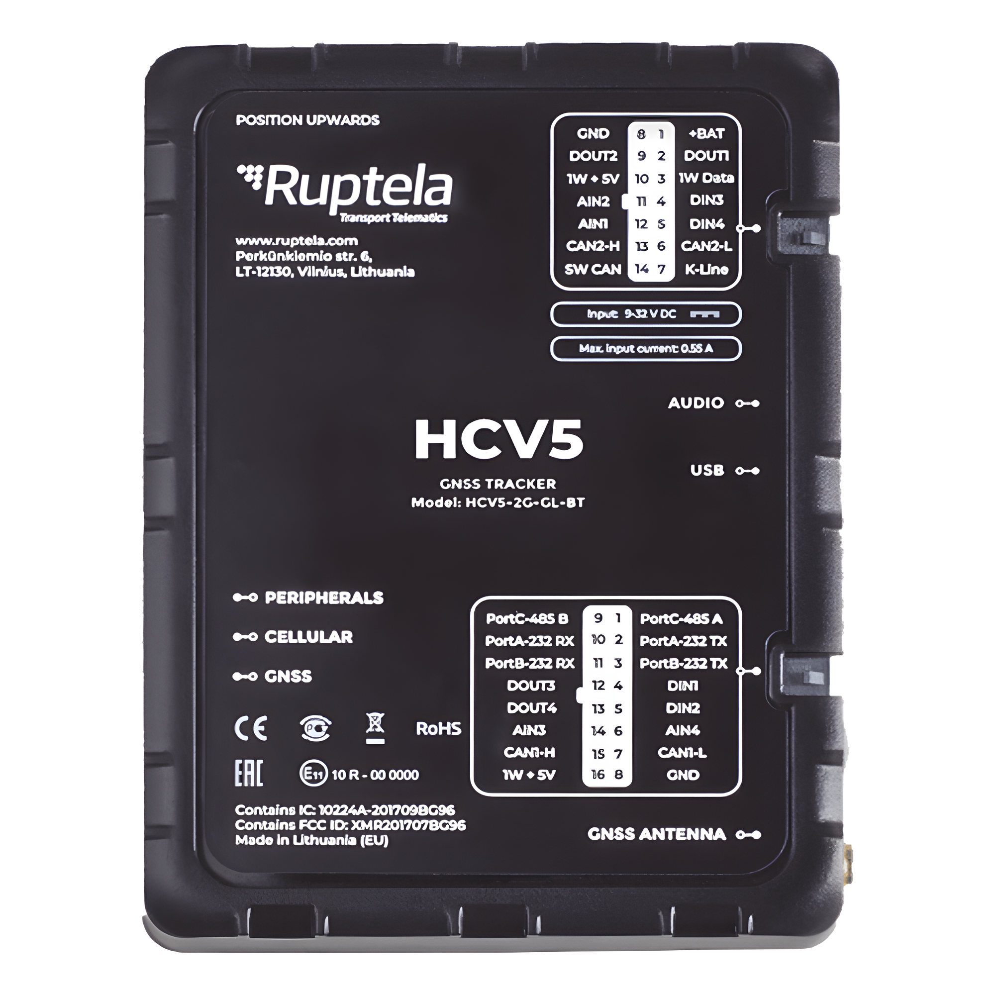 Localizador GPS Vehicular / LTE Cat M1 (4G) 3G 2G / CAN FMS J1708 J1939 / BLE 5.1 / RS232 RS485 / 9-32 V DC — RUPTELA · SKU HCV5
