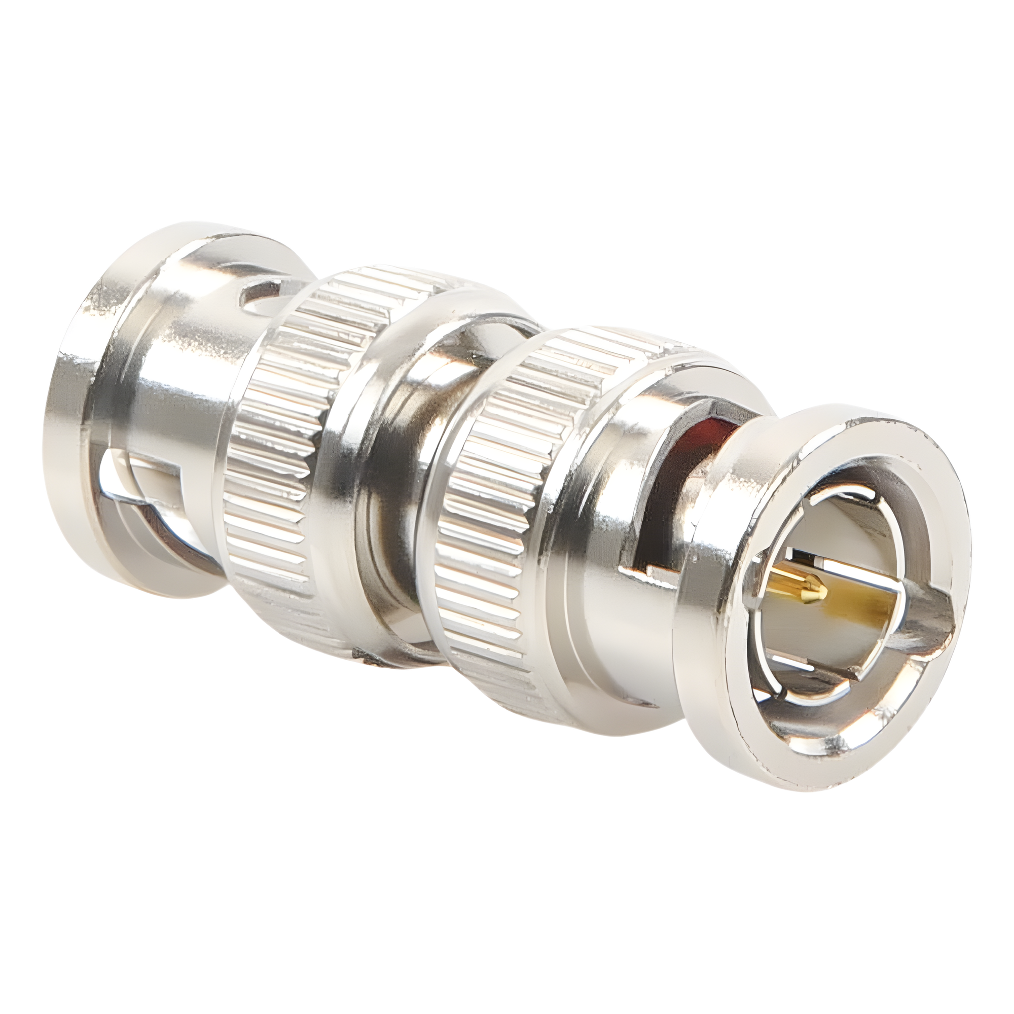Adaptador Coaxial / BNC Macho a BNC Macho / 75 Ohm / Montaje en Línea / Cuerpo Niquelado / Contacto Oro / Aislante Teflón
