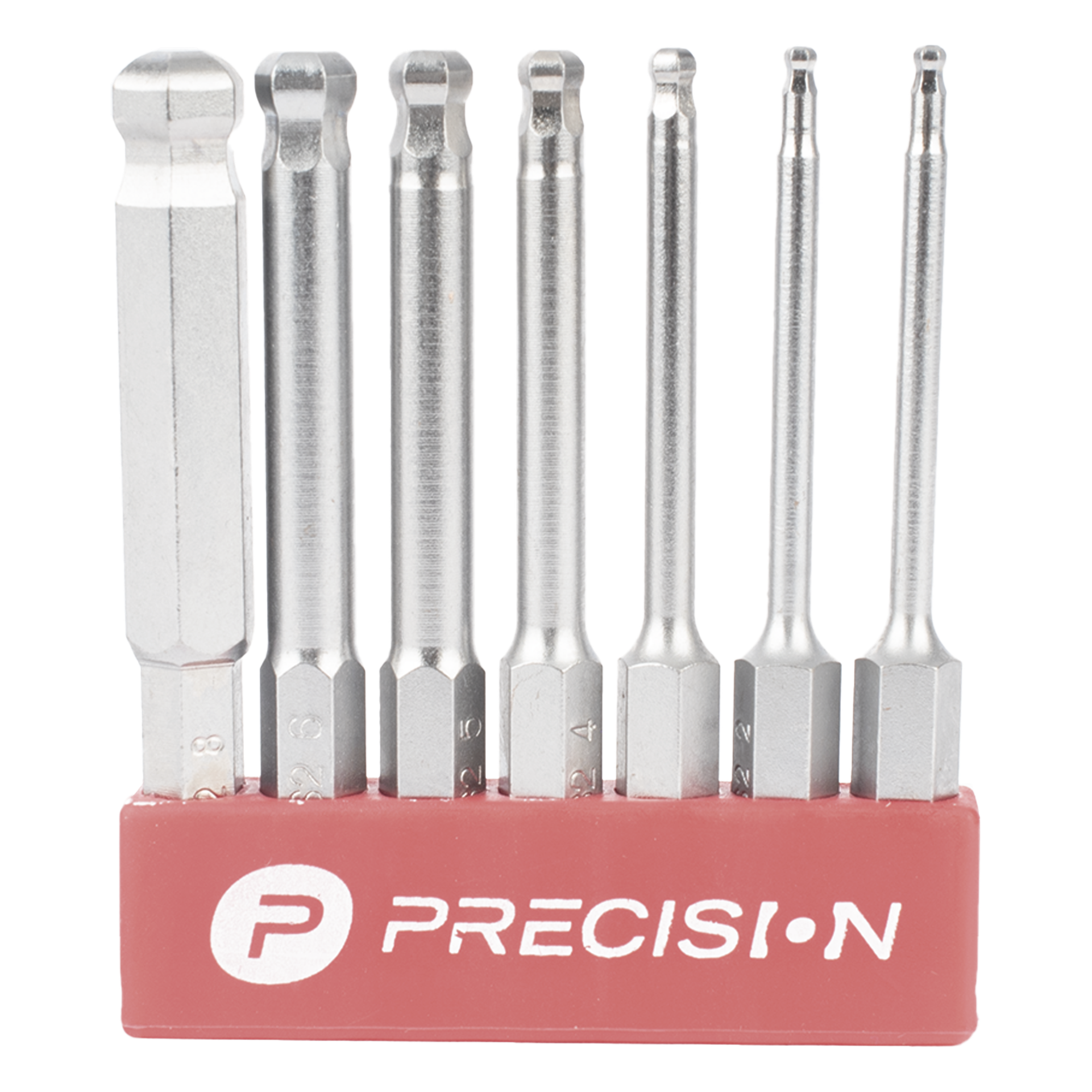 Juego de Puntas Hexagonales / 7 Medidas Métricas / 2 a 8 mm / Acero S2 / Entrada Hexagonal 1/4" / Cabeza Redonda 25° — PRECISION · SKU PST-C01-004