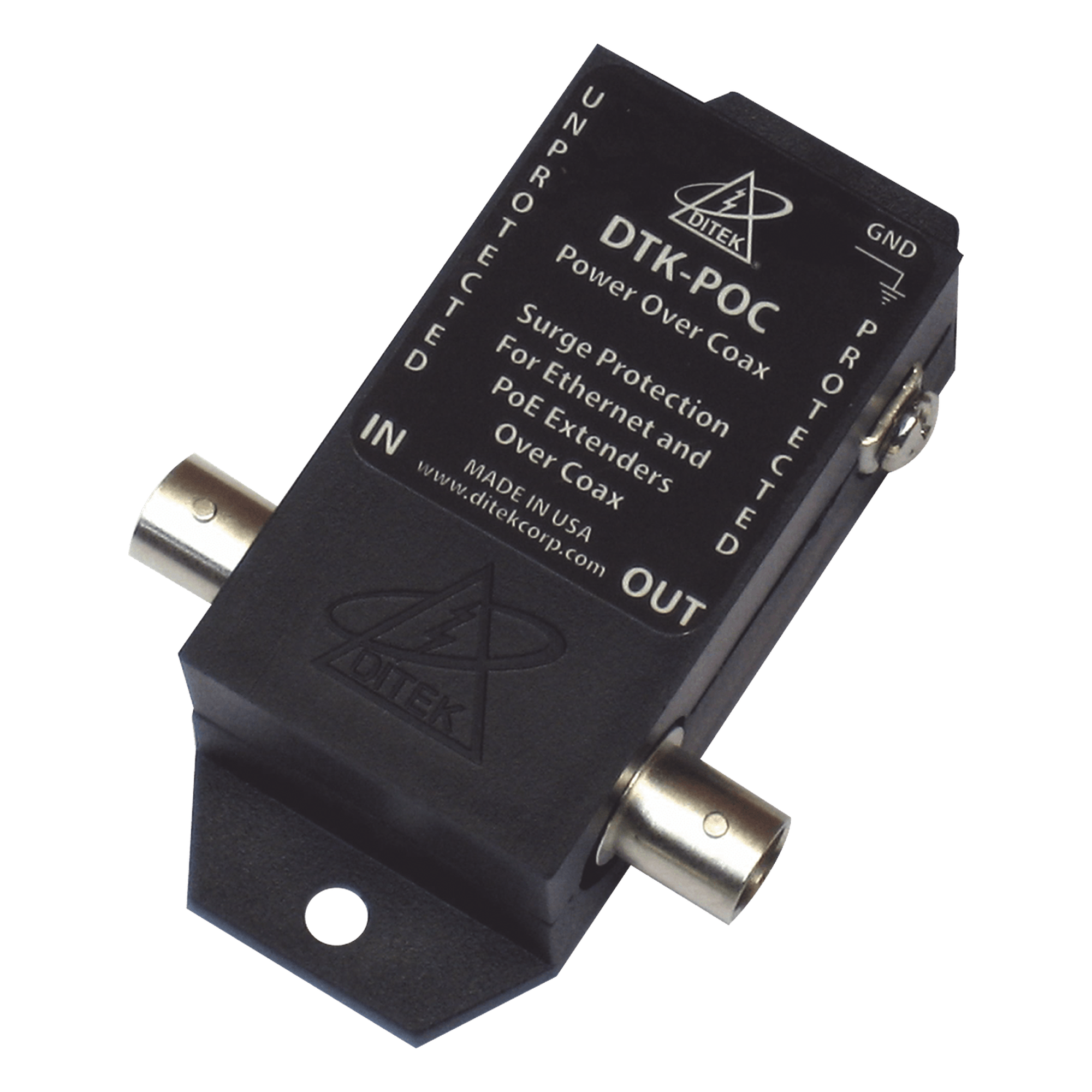 Protector Coaxial PoE / BNC Hembra / 75 Ohms / Ethernet 10/100 / 2.2 x 3.2 x 1.0 pulgadas / Contactos Secos — DITEK · SKU DTKPOC