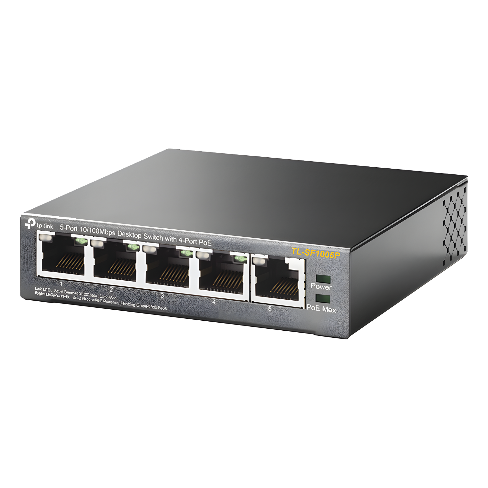 Switch PoE no administrable / 5 puertos Fast Ethernet / 4 puertos PoE 802.3af/at / Presupuesto 67 W / Alcance 250 m (820 pies) / Prioridad de video — TP-LINK · SKU TL-SF1005P