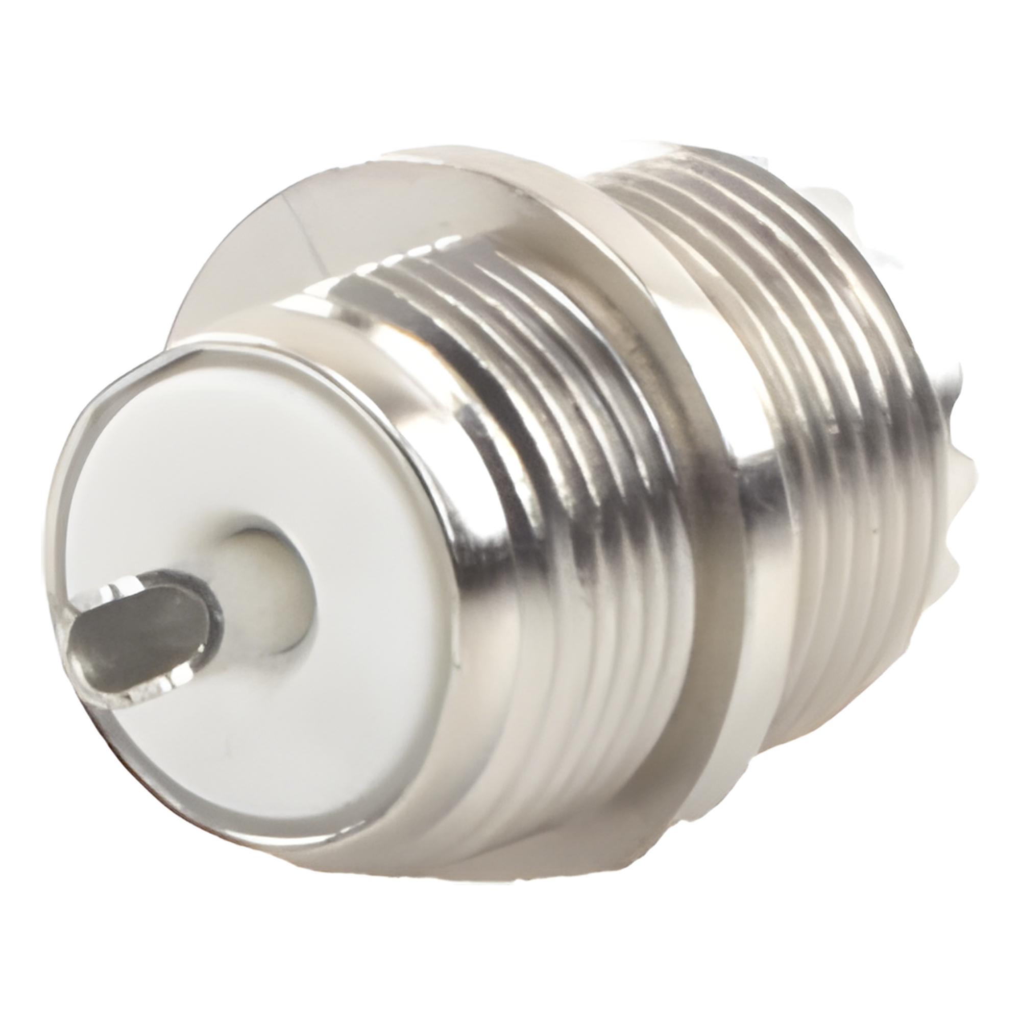 Conector UHF Hembra / Montaje Frontal en Panel D Plano / Cuerpo Zinc Niquelado / Contacto Plateado / Aislante Baquelita / Soldable — RF INDUSTRIES,LTD · SKU RFU-523