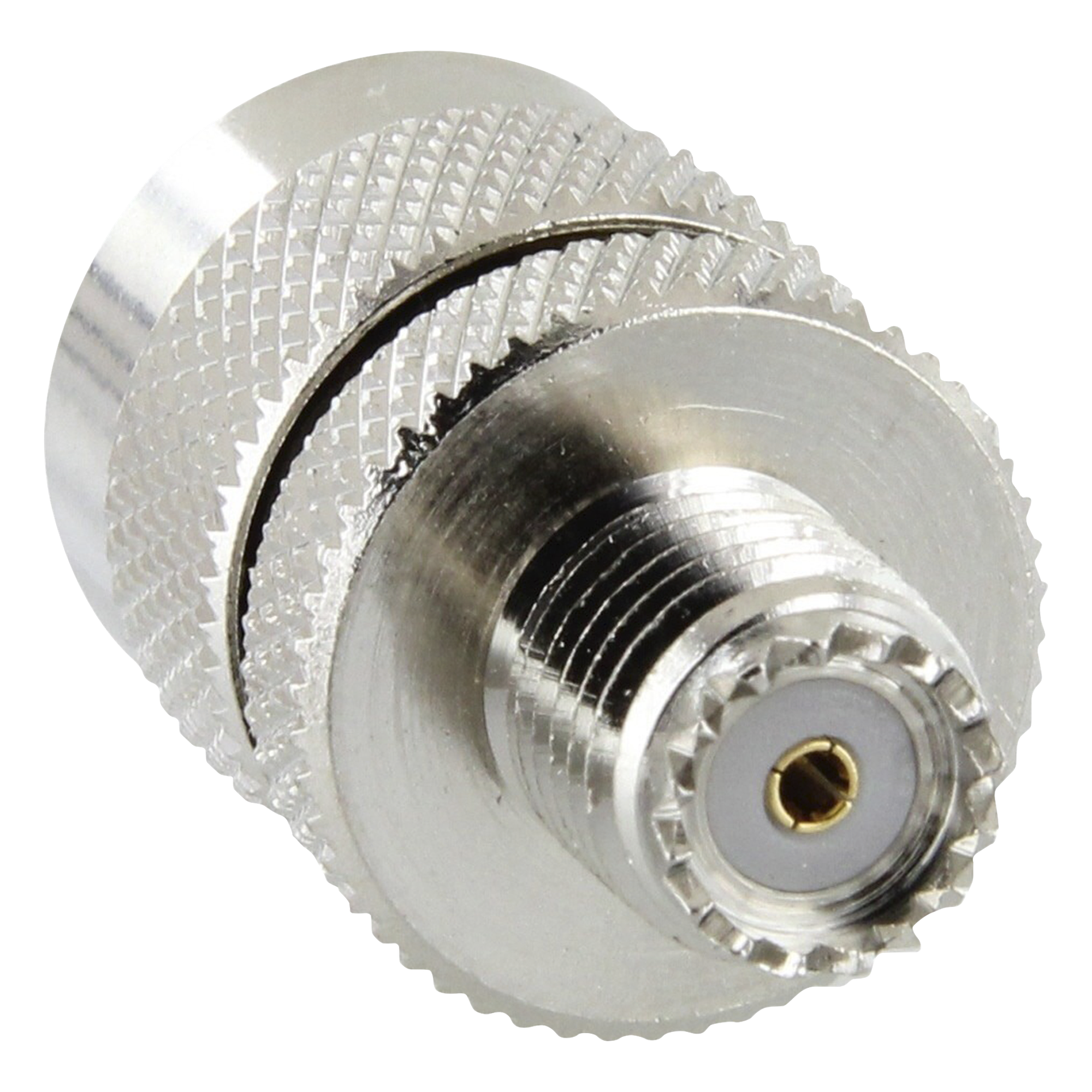 Adaptador RF / Mini UHF Hembra a UHF Macho (PL-259) / Montaje en Línea / Cuerpo Níquel / Contacto Oro / Aislante Teflón — RF INDUSTRIES,LTD · SKU RFU-626