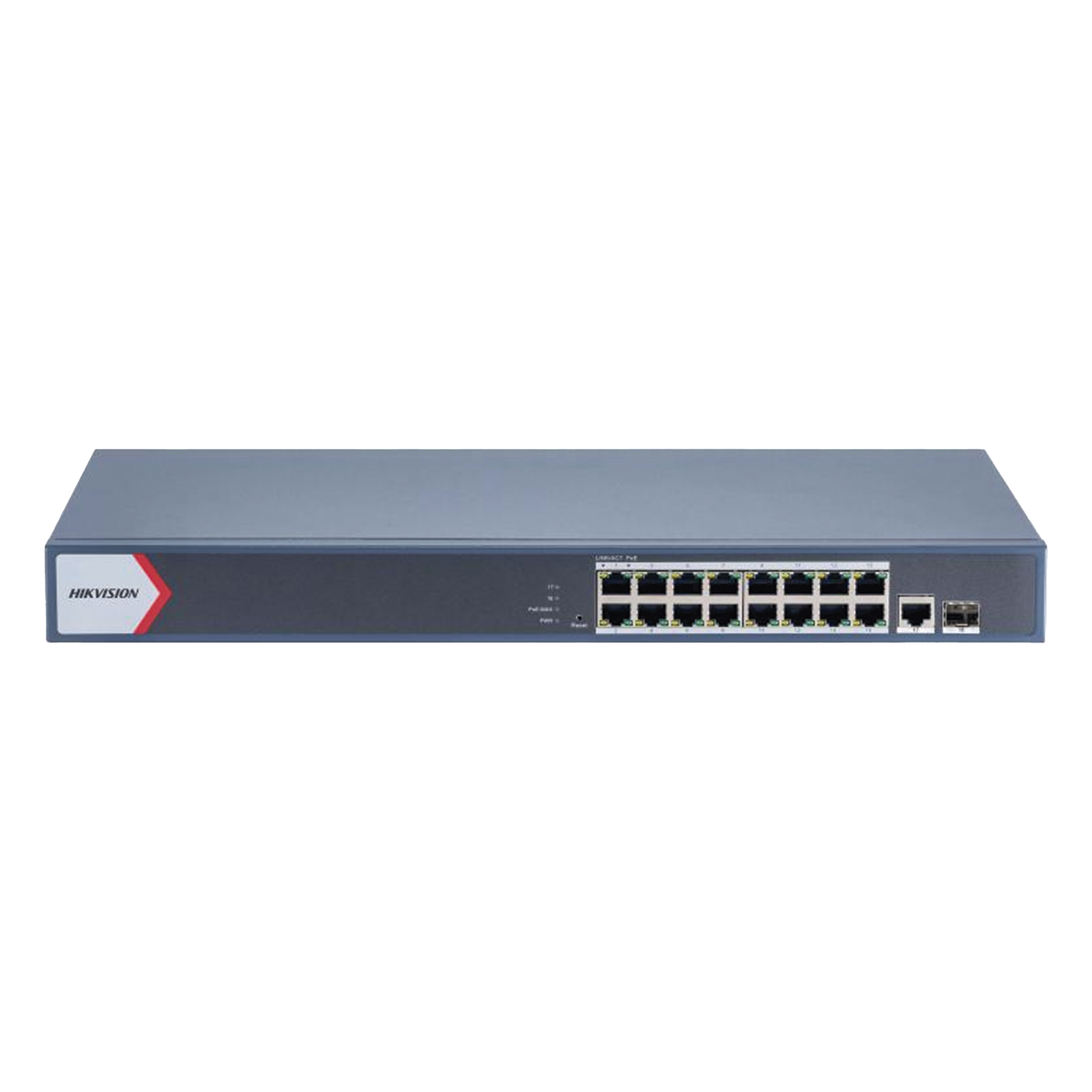 Switch PoE+ Administrable / 16 Puertos Gigabit / 1 Puerto Uplink Gigabit / 1 Puerto SFP / 230 W / Alcance Extendido 300 m (984.3 ft) — HIKVISION · SKU DS-3E1518P-EI