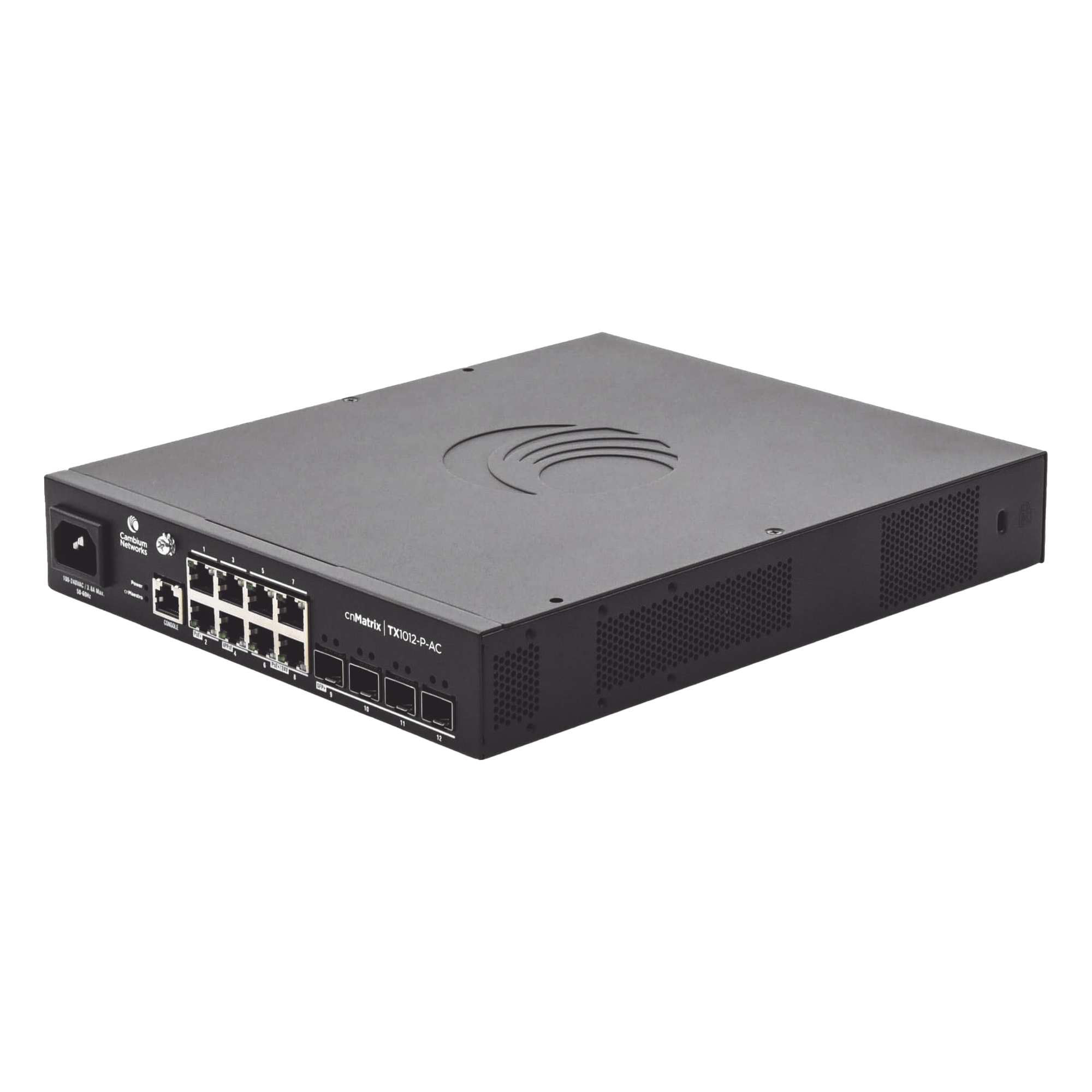 Switch PoE / Capa 2 y 3 / 8 Puertos Gigabit / 4 SFP+ / Rendimiento 96 Gbps / PoE 200W 802.3af/at — CAMBIUM NETWORKS · SKU MX-TX1012GXPA-00