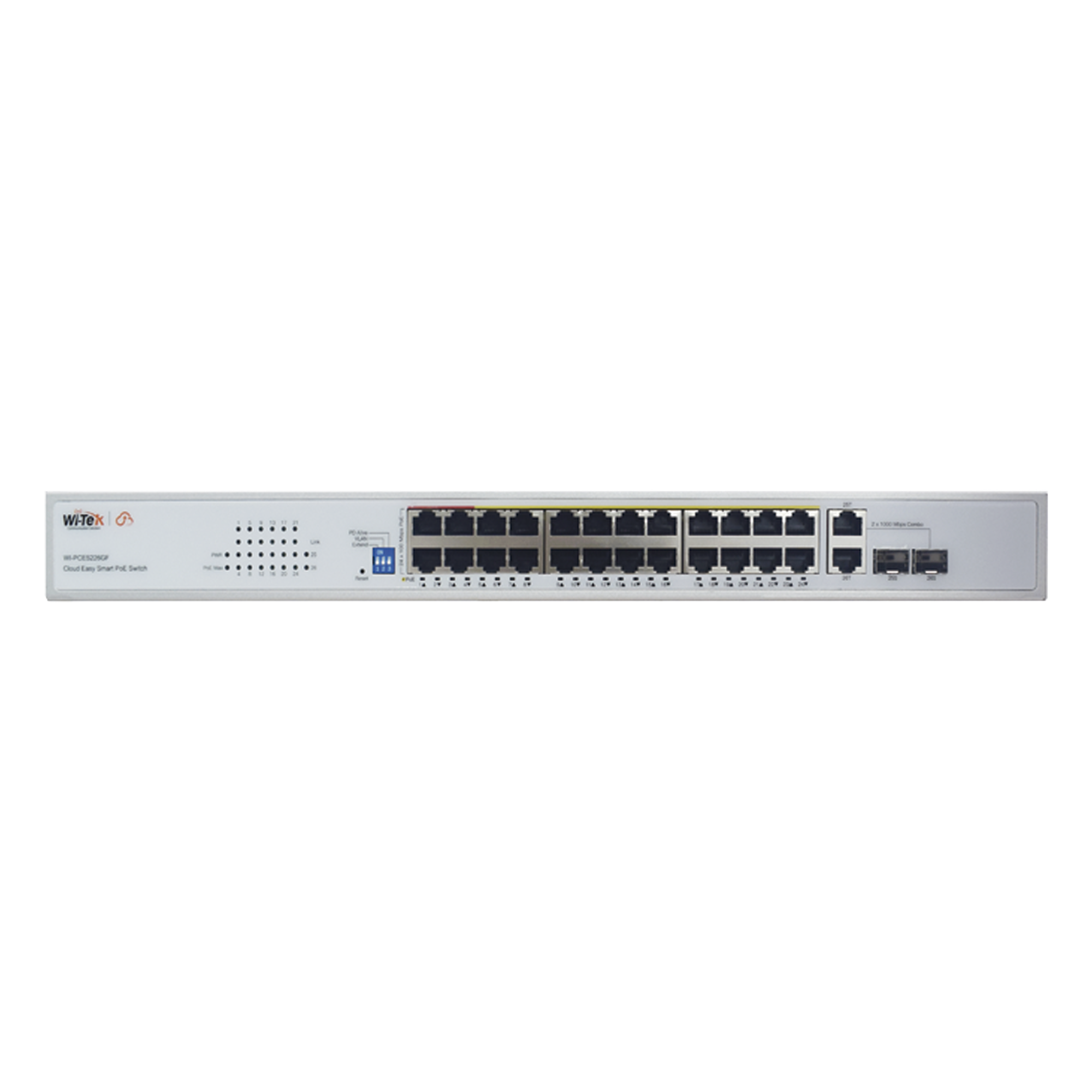 Switch PoE / 24 Puertos 10/100 Mbps + 2 SFP Gigabit Combo / Alcance 250 m (820.2 ft) / 280 W / No Administrable / Protección 6 kV — WI-TEK · SKU WI-PCES226GF