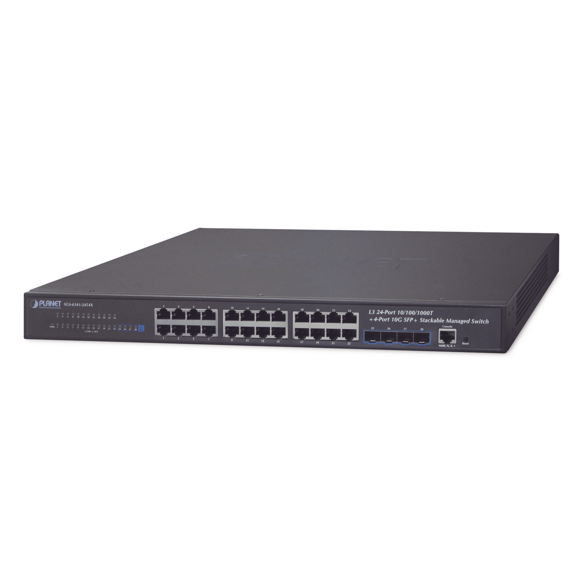 Switch Administrable Capa 3 / 24 Puertos Gigabit Ethernet / 4 Puertos 10G SFP+ / Apilable / 128 Gbps / 10 km Fibra — PLANET · SKU SGS-6341-24T4X
