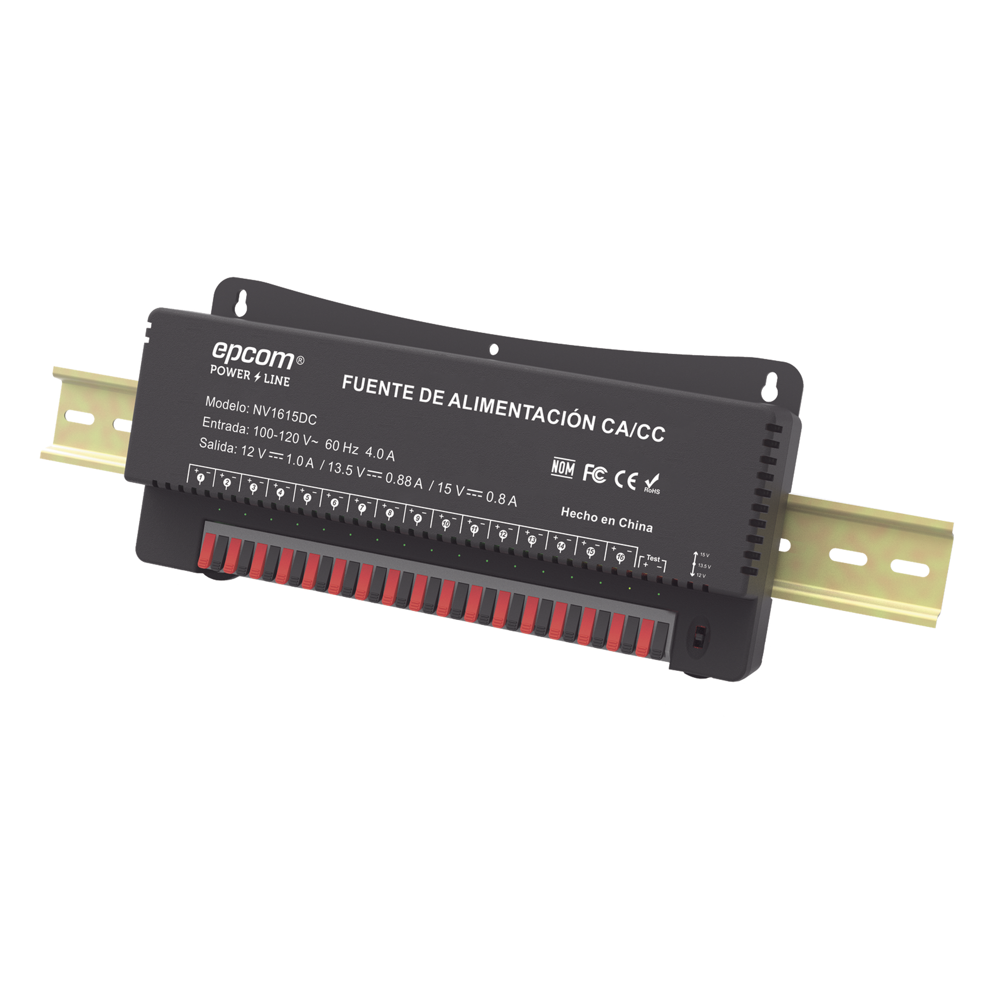 Fuente de Poder para 16 Cámaras / Salida Ajustable 12/13.5/15 Vcc / 16 A / 200 W / Montaje en Pared / Operación -20°C a 70°C — EPCOM POWERLINE · SKU NV-1615-DC