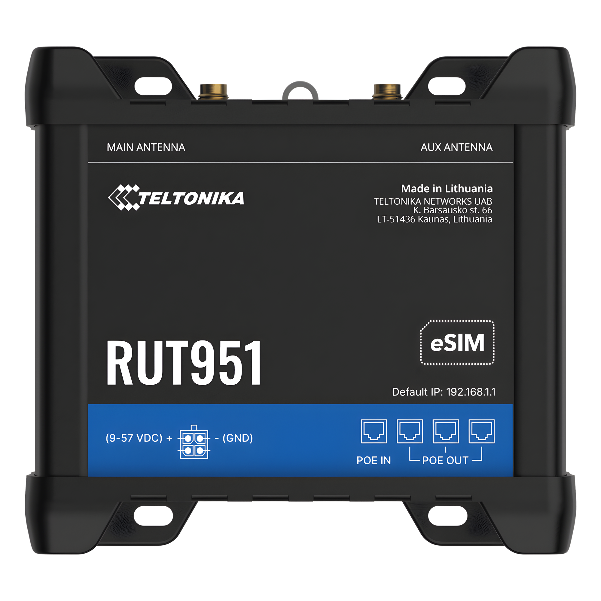 Router Industrial 4G LTE / Cat 4 150 Mbps / Dual SIM + eSIM / PoE In/Out 802.3af / 4 Puertos Ethernet 10/100 Mbps / VPNs Avanzadas / Gestión RMS — TELTONIKA · SKU RUT951-POE