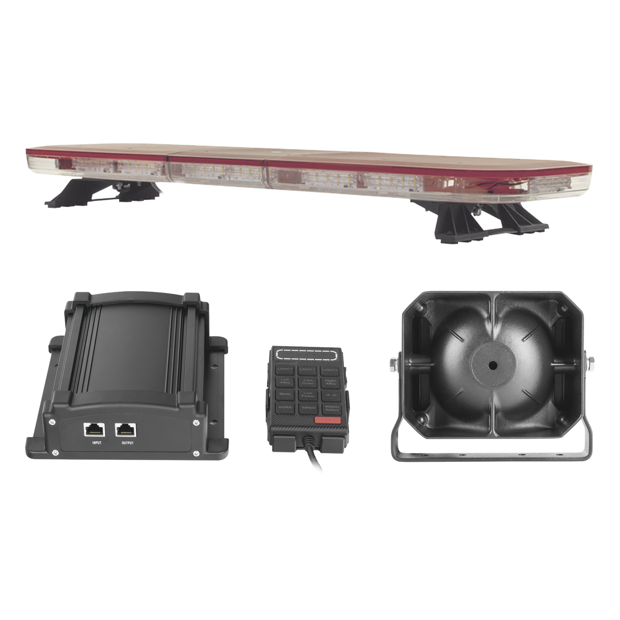 Kit de Señalización de Emergencia / Barra LED 88 Ultra Brillantes / Sirena 100W 7 Tonos / Bocina 100W / Controlador Avanzado / 118 cm (46.5 in) de Longitud — EPCOM INDUSTRIAL SIGNALING · SKU X67RV2KIT2