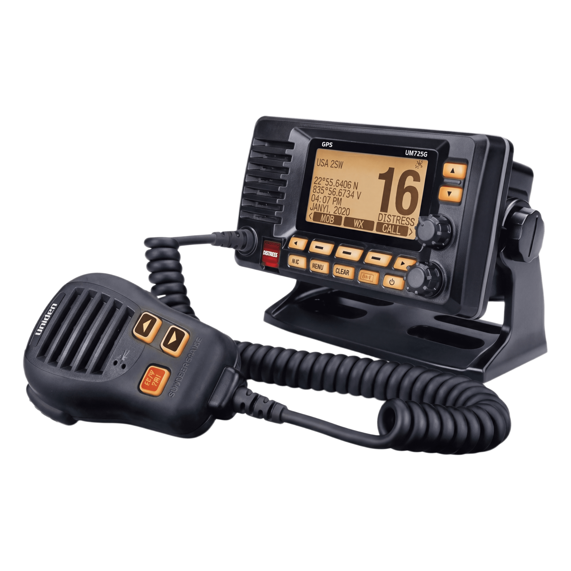 Radio Móvil Marino VHF / 25W RF / GPS Integrado / NMEA 2000 / DSC Clase D / IPX8 / Triple Observación / LCD de Alta Visibilidad — UNIDEN · SKU UM725GBK