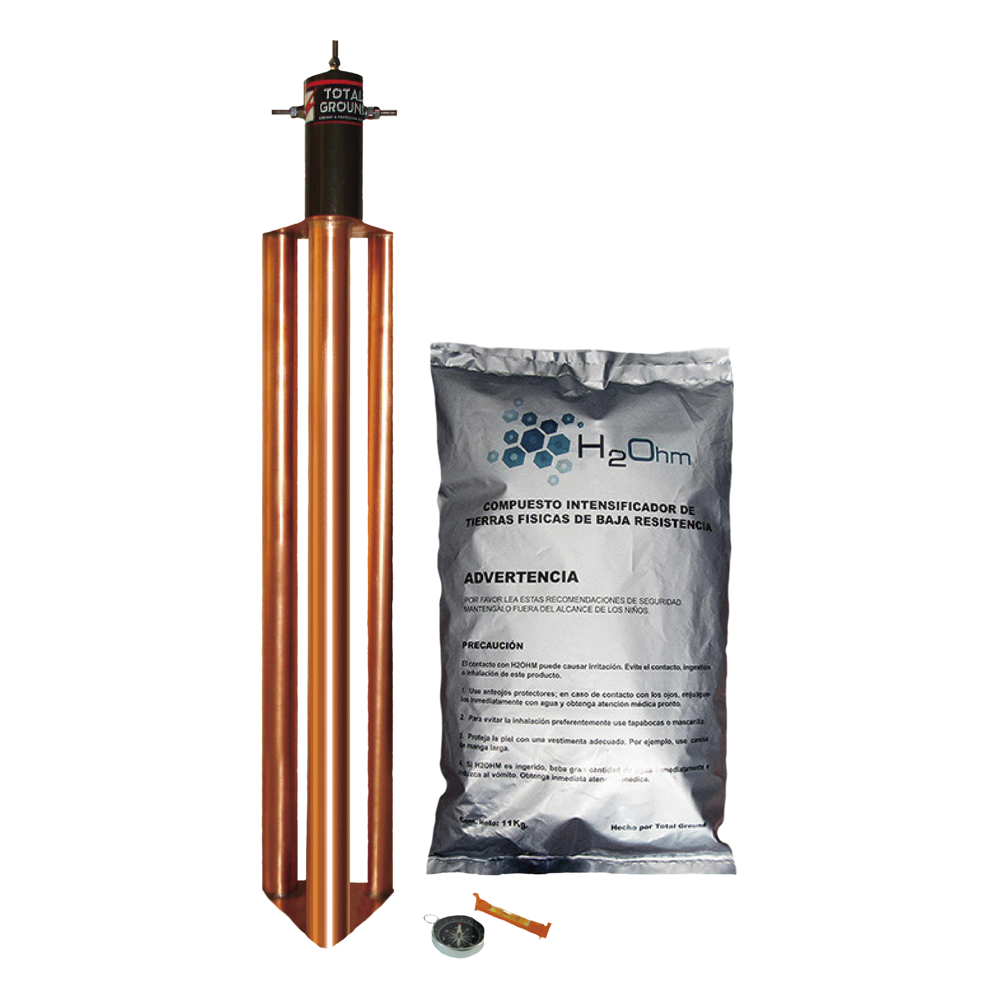 Kit de Puesta a Tierra / 100 A / Electrodo Cobre Electrolítico / Filtro LCR 1/2" / Compuesto H2Ohm / Resistencia <2 ohm — TOTAL GROUND · SKU TG-100-AB