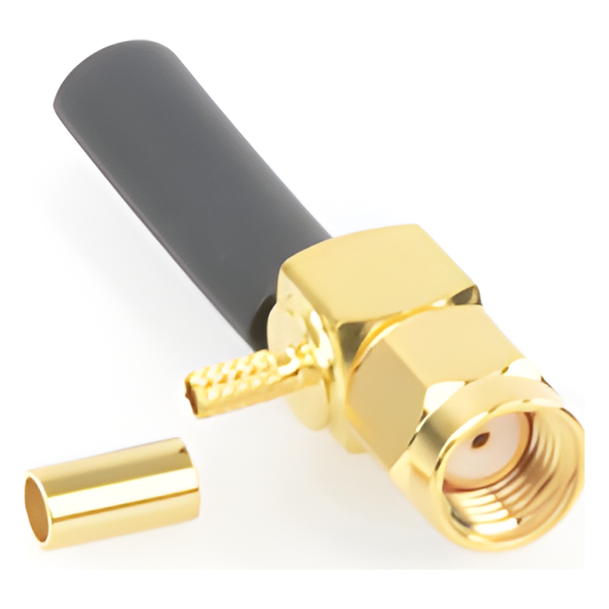 Conector Coaxial SMA Macho Inverso / Ángulo Recto / Anillo Plegable / Compatibilidad RG-174/U y Belden 8216 / Cuerpo Bronce con Recubrimiento de Oro / Aislante Teflón