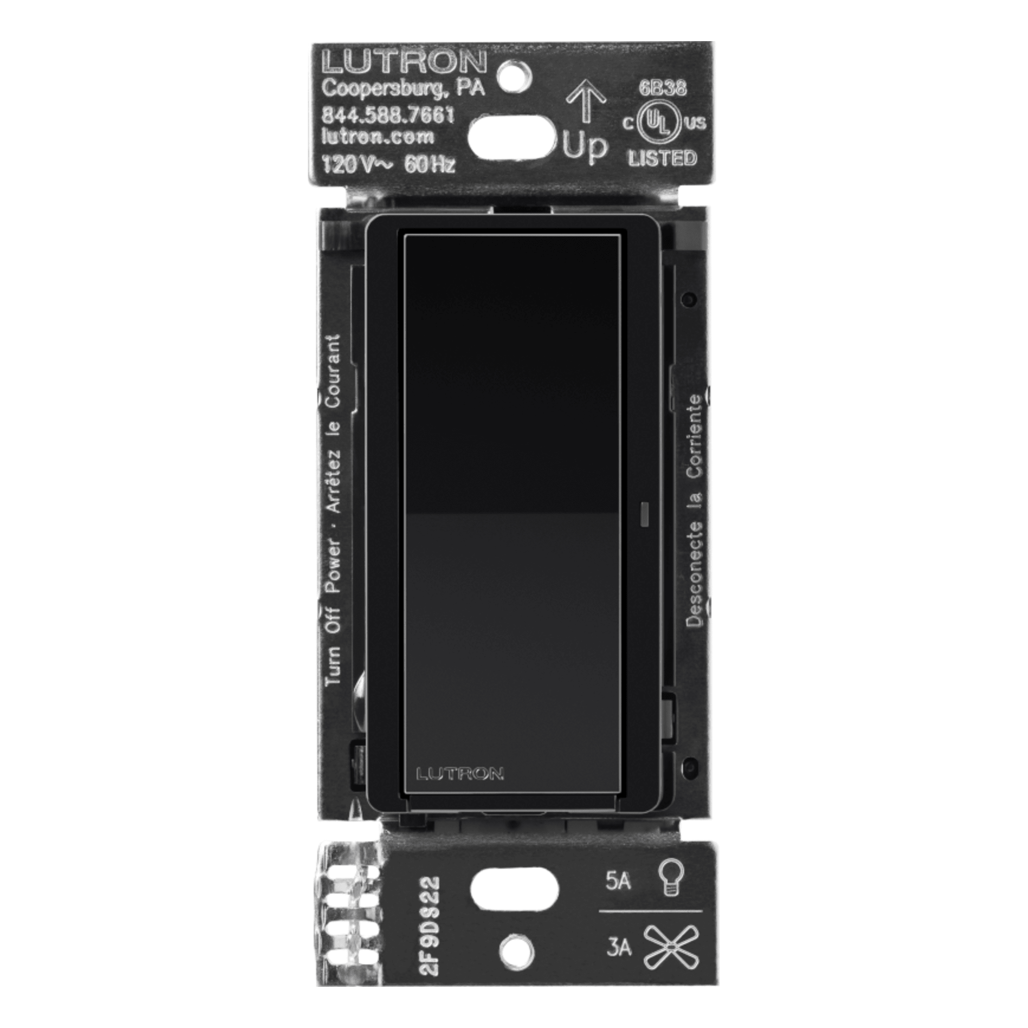 Interruptor Inteligente de Pared / On/Off No Regulable / 120 V / 5 A LED / 600 W Incandescente / 3 A Ventiladores / Control Pico y Smart Hub / Negro — LUTRON CASETA WIRELESS · SKU DVRF5NSBL