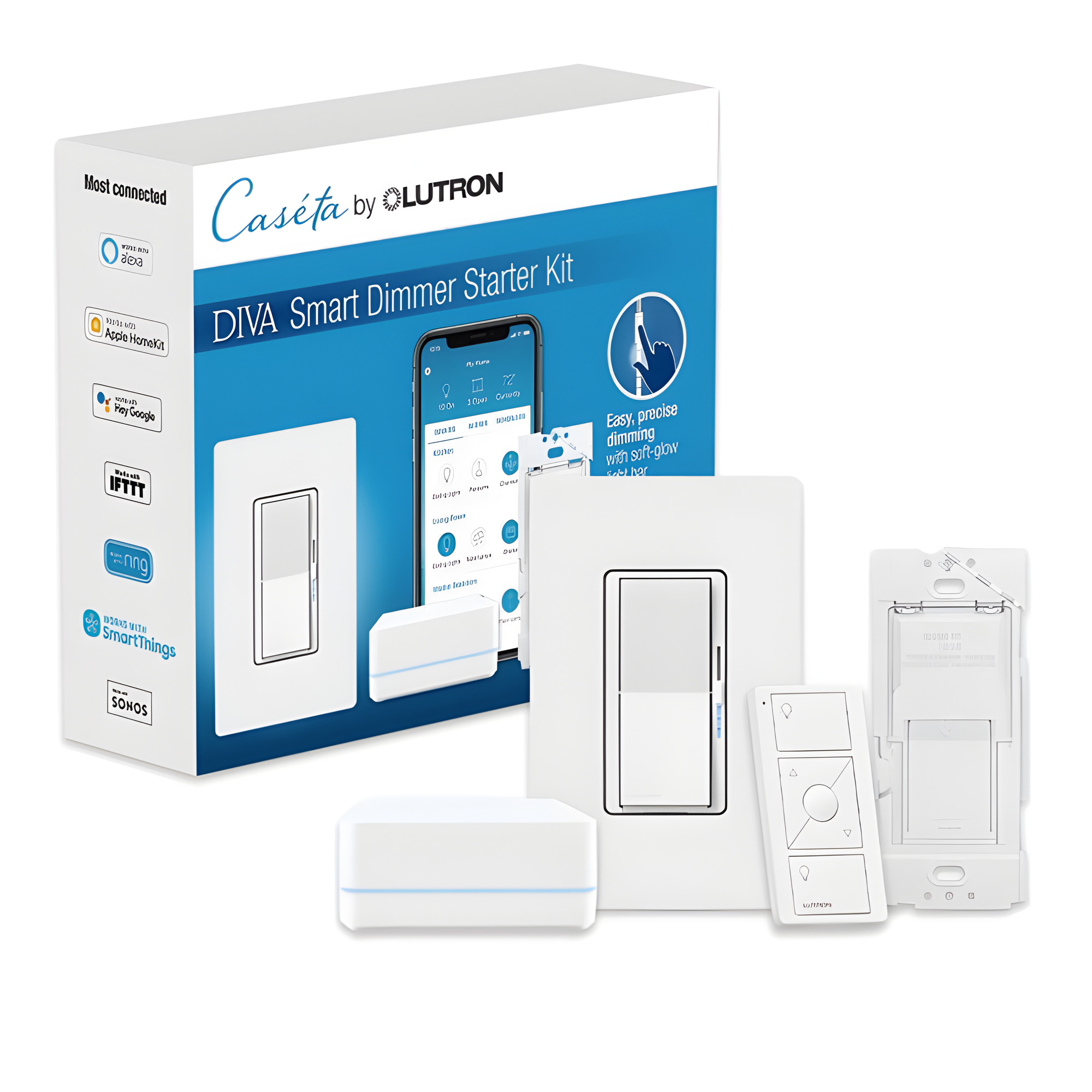 Kit de Inicio Smart Home / Atenuador Sin Neutro 150 W LED / 600 W Incandescente / Hub y Control Remoto / Compatible Apple HomeKit — LUTRON CASETA WIRELESS · SKU DVRFBDG1D