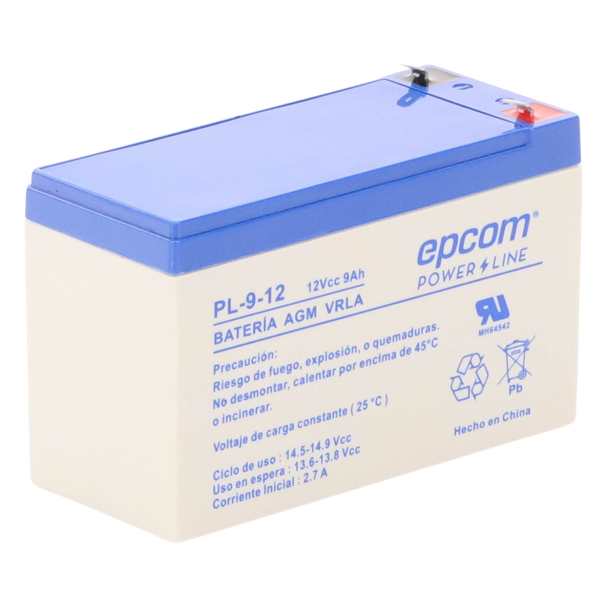 Batería 12 Vcc / 9 Ah / UL / Tecnología AGM-VRLA / Para uso en equipo electrónico Alarmas de intrusión / Incendio/ Control de acceso / Video Vigilancia / Terminales F1 / Cargador recomendado CHR-80.