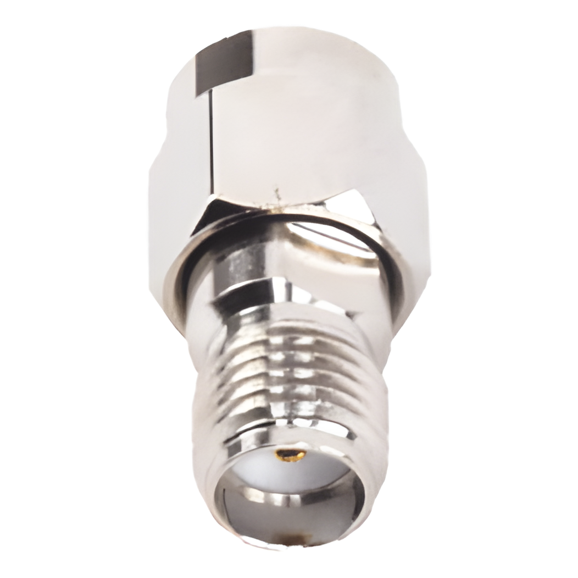 Adaptador RF en Línea / Conector SMA Macho Inverso a SMA Hembra / Cuerpo Bronce Niquelado / Contacto Oro / Aislante Teflón