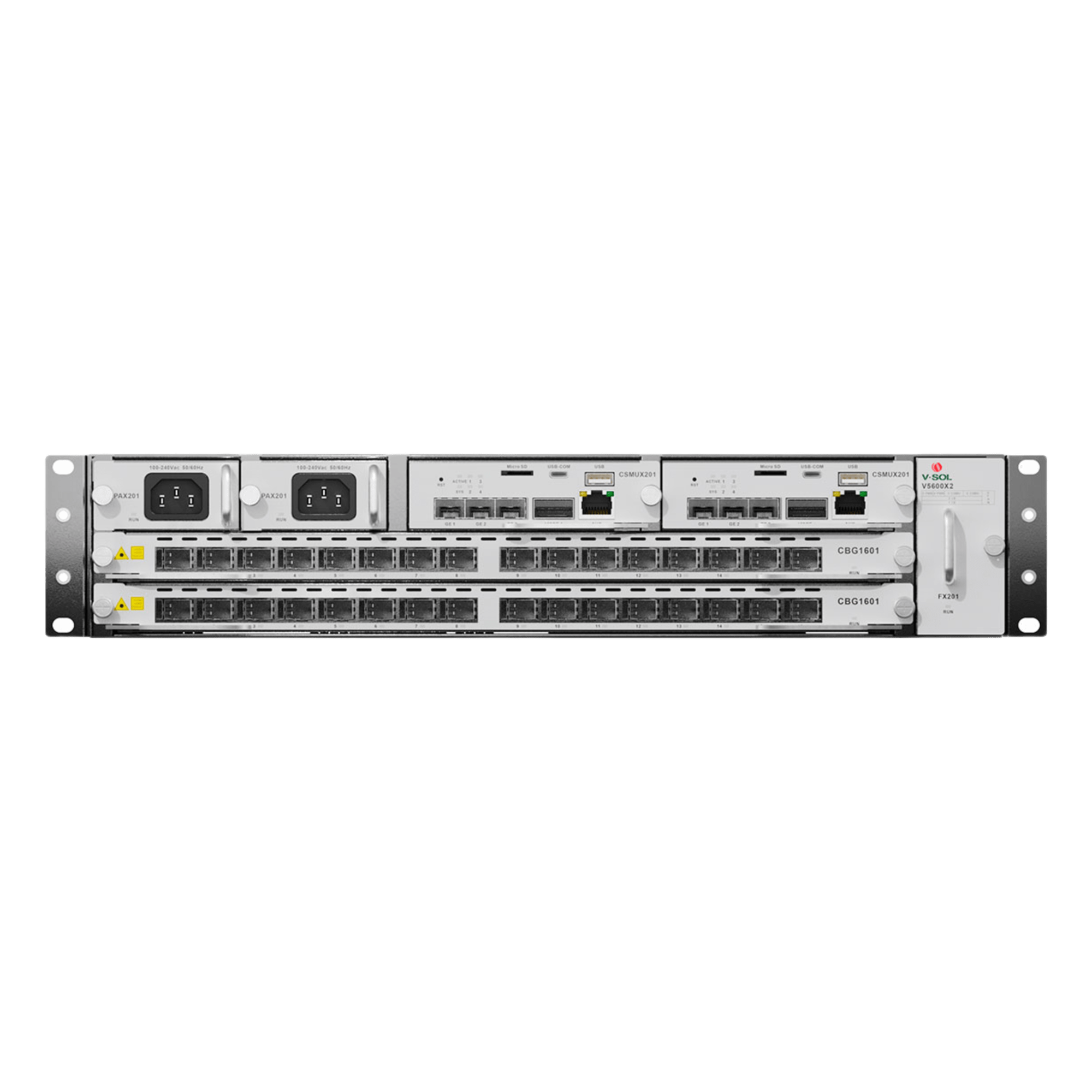OLT Chasis Modular / 16 Puertos GPON/XGS-PON Combo / 2 Ranuras Expansibles / Fuente Redundante AC / 2 UR — V-SOL · SKU V5600-X2