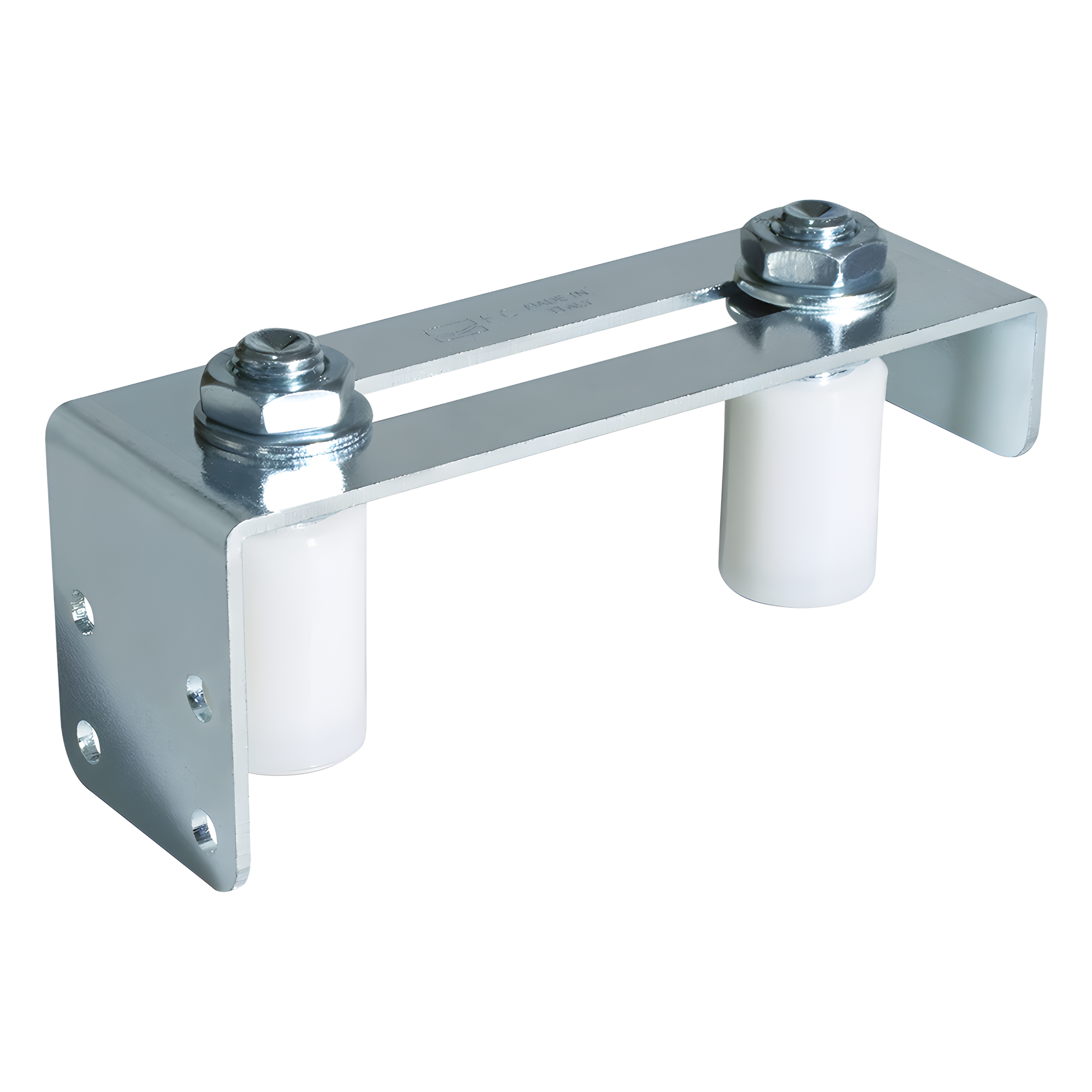 Placa guía para puertas corredizas / Acero galvanizado / Rodillos de nylon / Espesor 0-85 mm / 0.47 kg — COMUNELLO · SKU 1130-5008-001