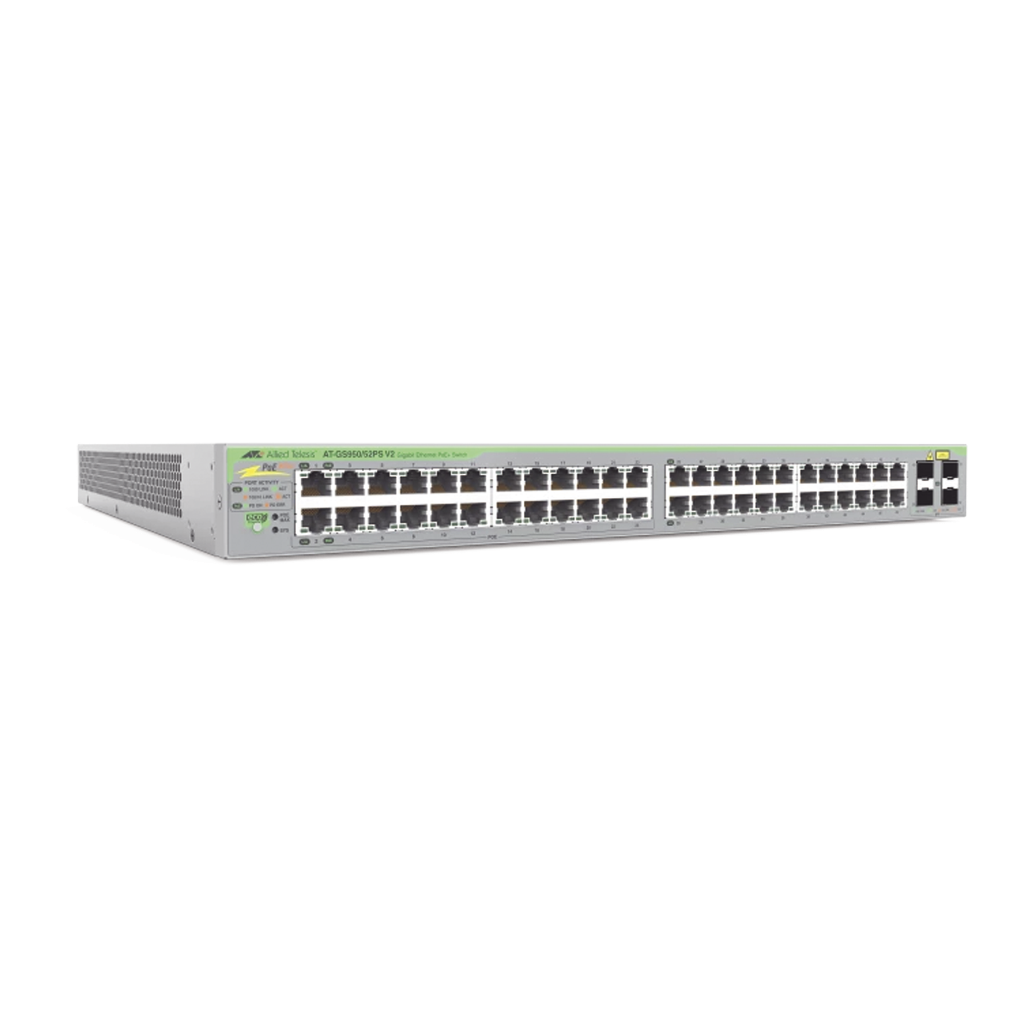 Switch webSmart Gigabit PoE+ / 48 Puertos / 24 Puertos PoE+ 30W / 4 Puertos SFP — ALLIED TELESIS · SKU AT-GS950/52PS-V2-10