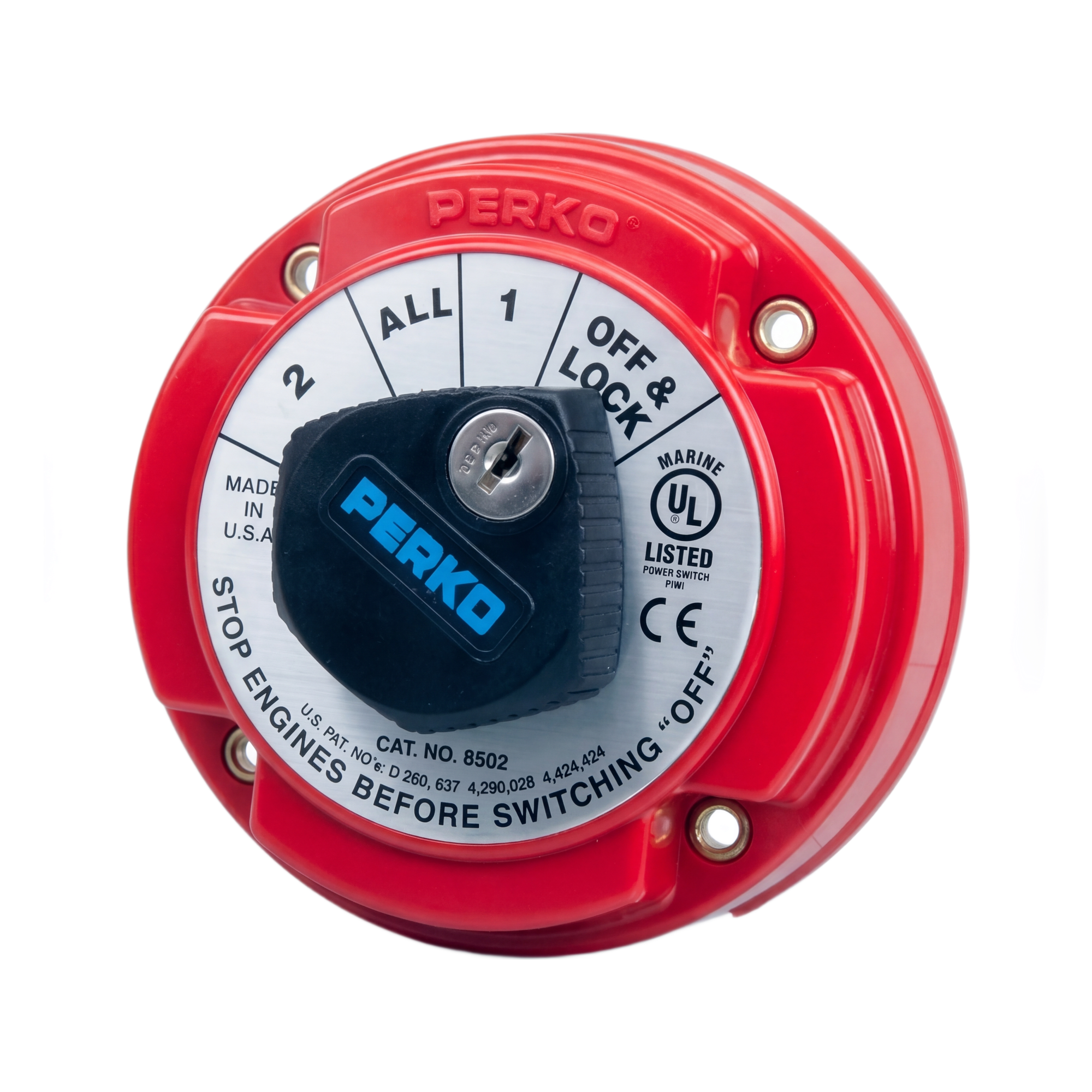 Switch Selector de Batería Marina / 250A Continuos / 360A Intermitentes / 6-32 VCC / 4 Posiciones con Bloqueo por Llave / Encendido Protegido — PERKO · SKU 8502DP